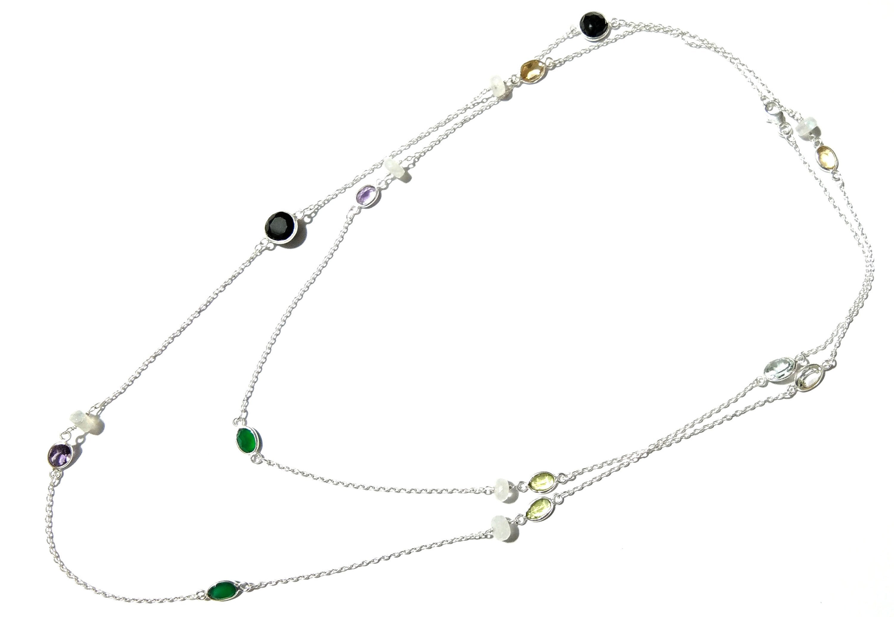 Beautiful Nice Multi Stone Beaded Log Necklace ! Natural Gemstone With 925 Starling Silver Necklace For Girls,Women Necklace Length 36 inch.