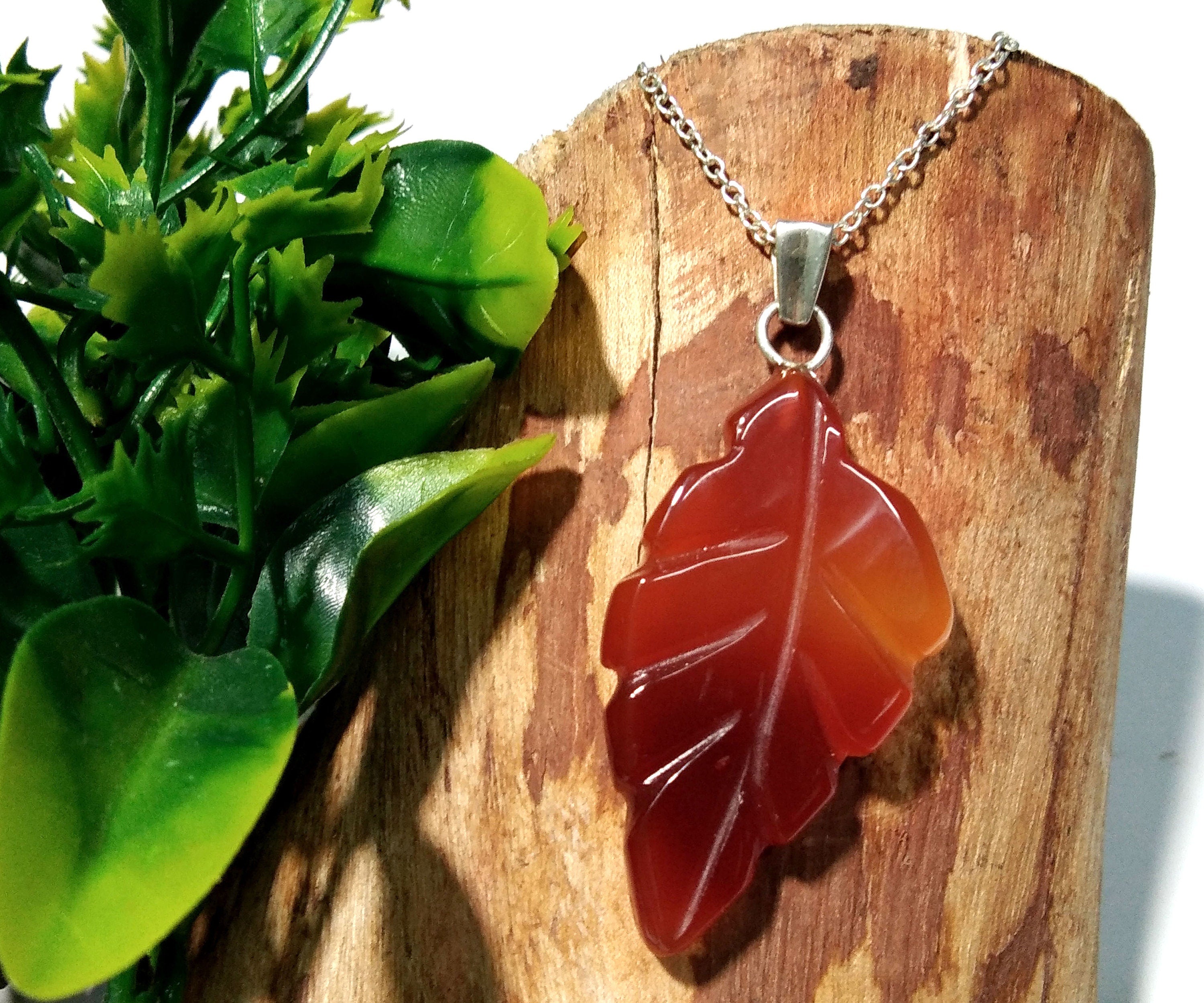 Natural Red Onyx Leaf Carving Stone Pendant, 925 Starling Silver Chain Necklace Pendant, Girls & Women Gift Wedding Jewelry