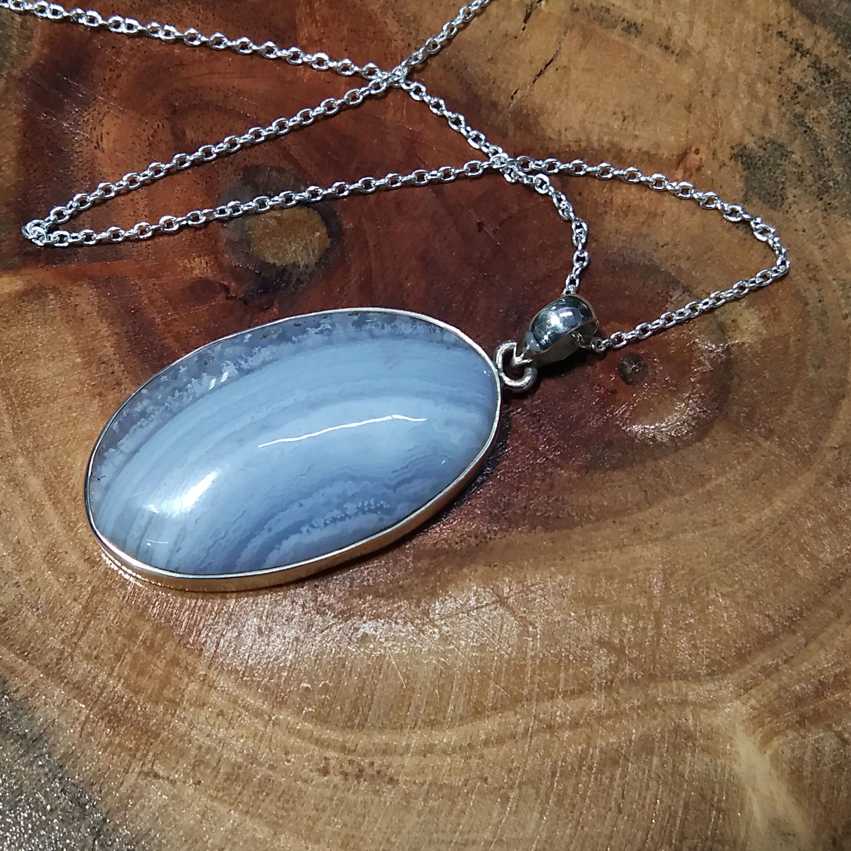 Natural Blue Lace Agate Gemstone Pendant, 925 Starling Silver Pendant Chain Necklace, Handmade Jewelry Stone Size 37x21 mm Gift Pendant