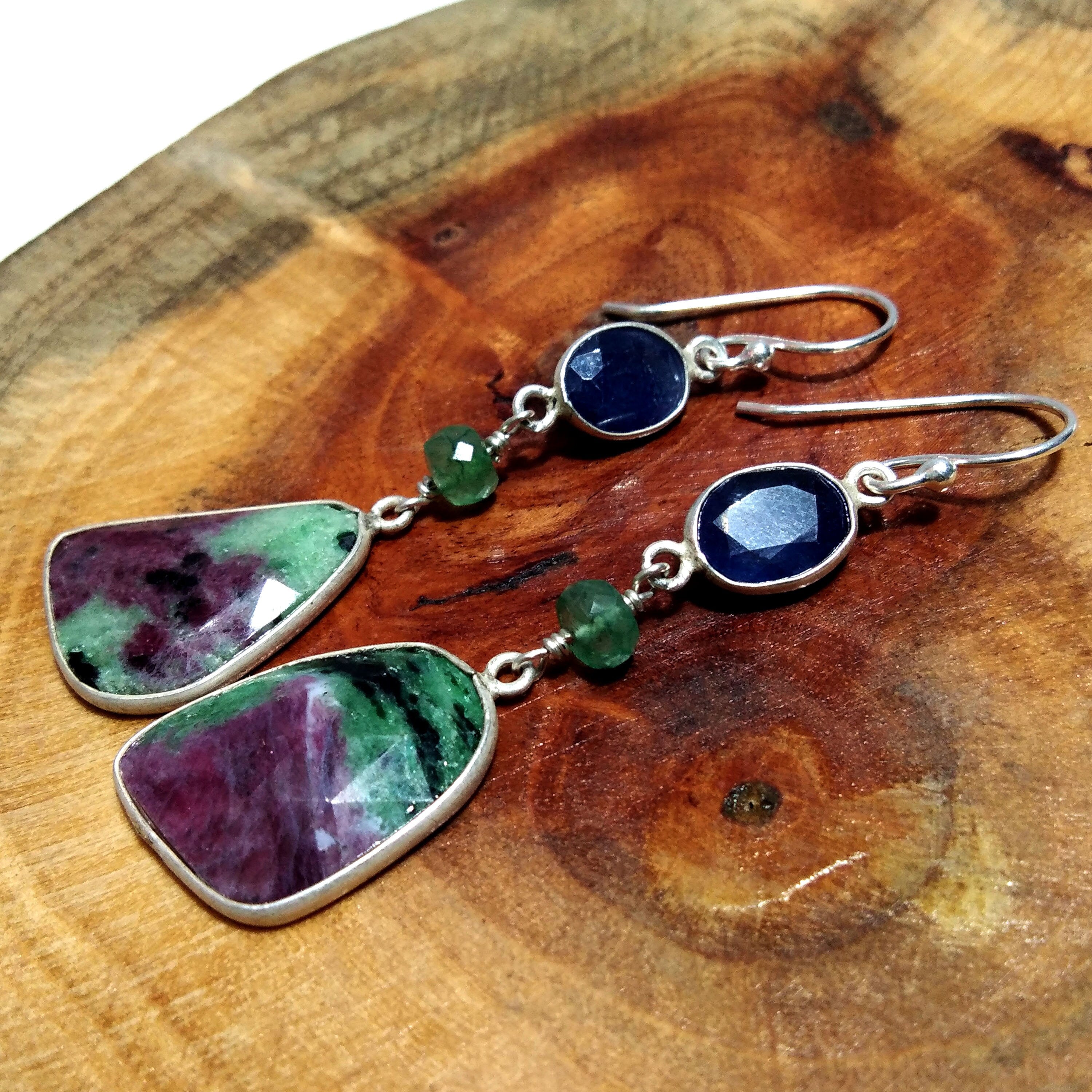 Ruby Zoisite & Blue Sapphire Earring, Amazing Design Bezel Stylish Earring,925 Starling Silver With Natural Gemstone Earring For Girls/Women