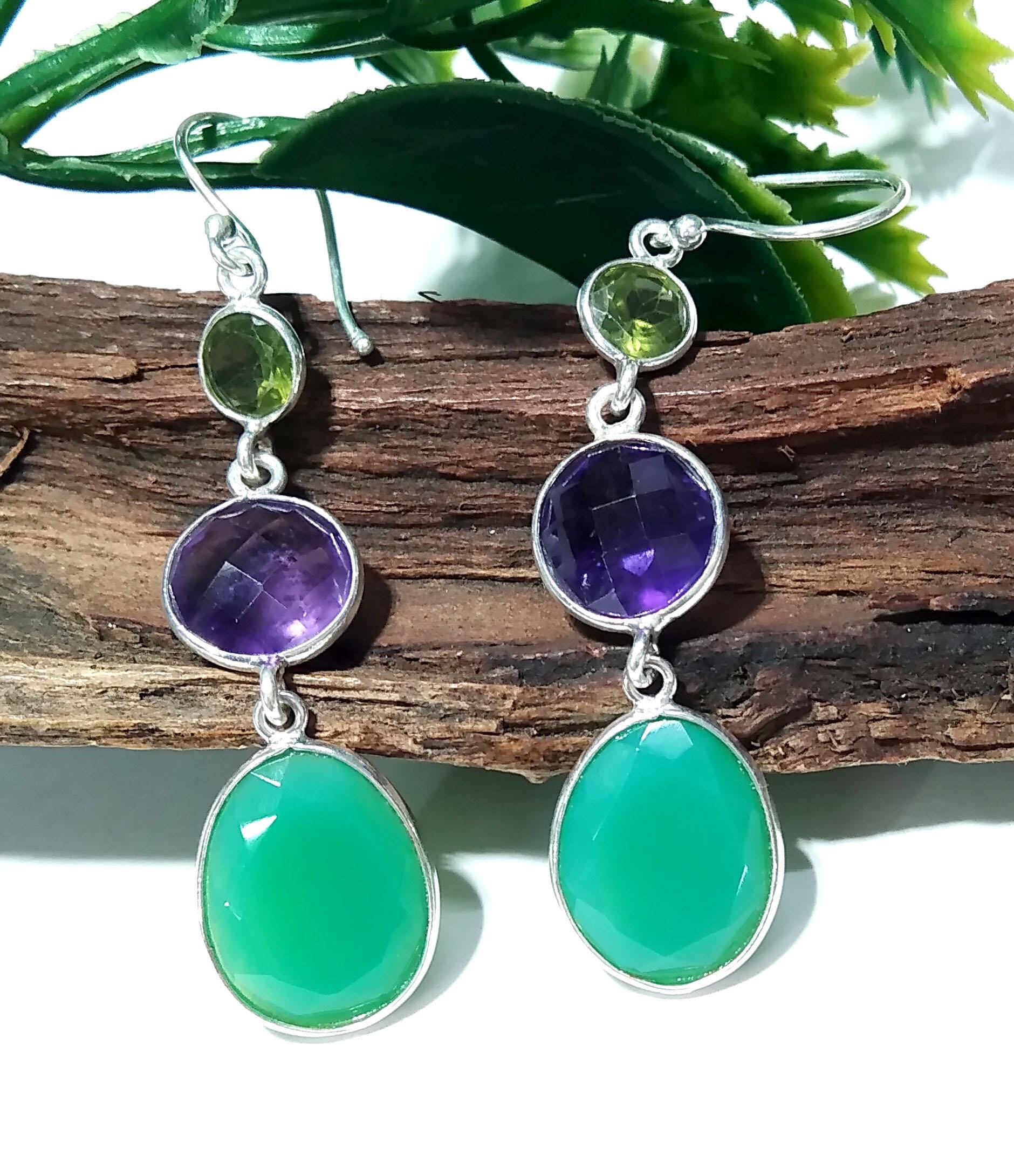 Natural Chrysoprase/Peridot/Amethyst Gemstone Earring, 925 Starling Silver Earring, Chrysoprase/Amethyst Gemstone Earring, For Girls/Women.