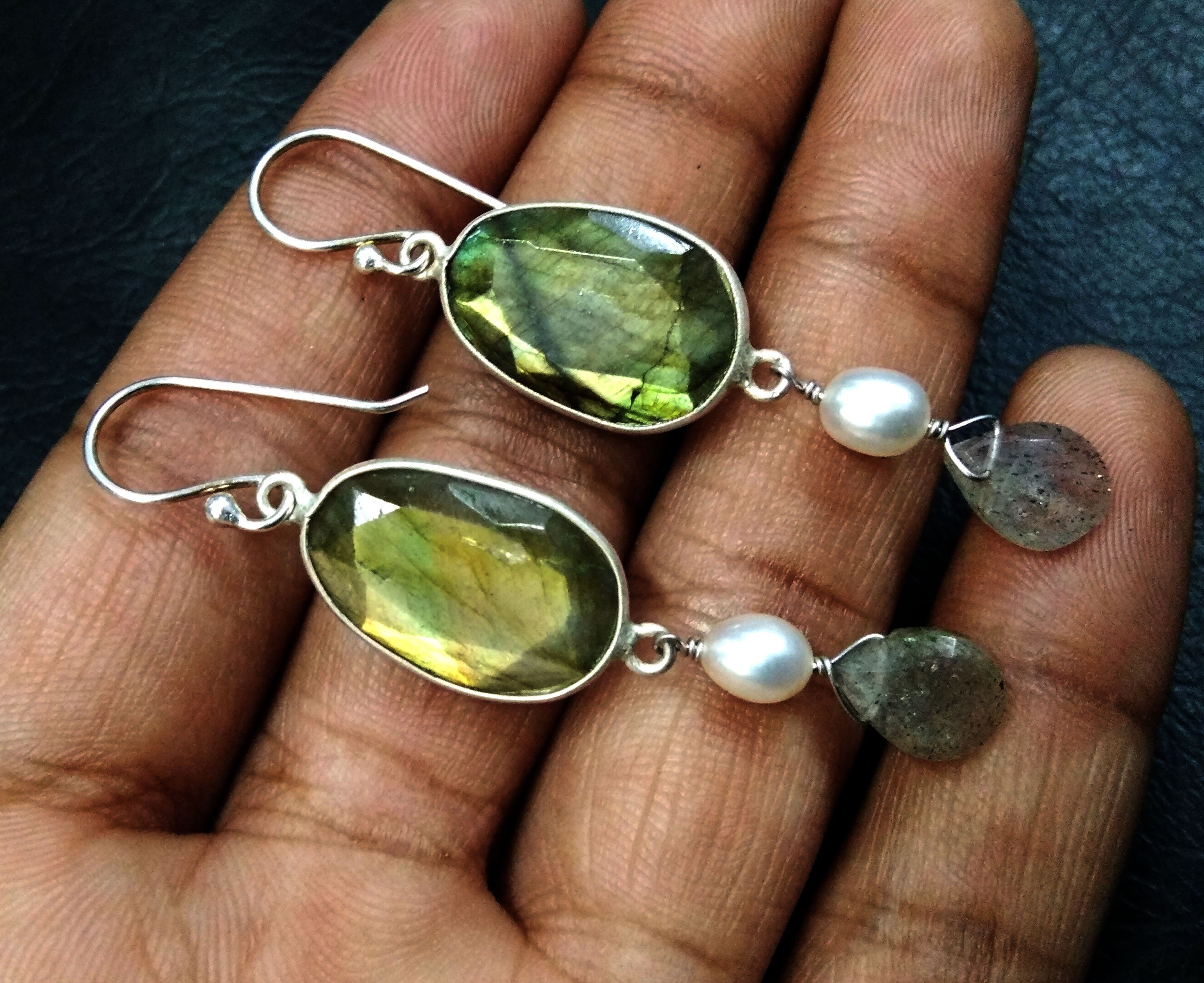 Natural Labradorite Yellow Fire Stone Earring, 925 Solid Starling Silver Earring, Labradorite Stone Handmade Gift Christmas Women Earring