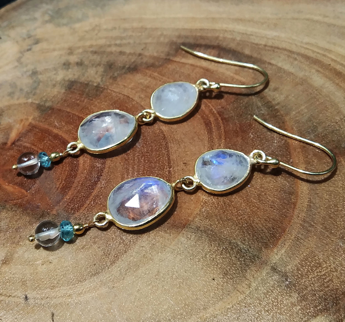 Natural Rainbow Moonstone Blue Fire Stone Earring, 925 Solid Starling Silver With Gold Plated Earring, Gift Item For Girls/Women Earring