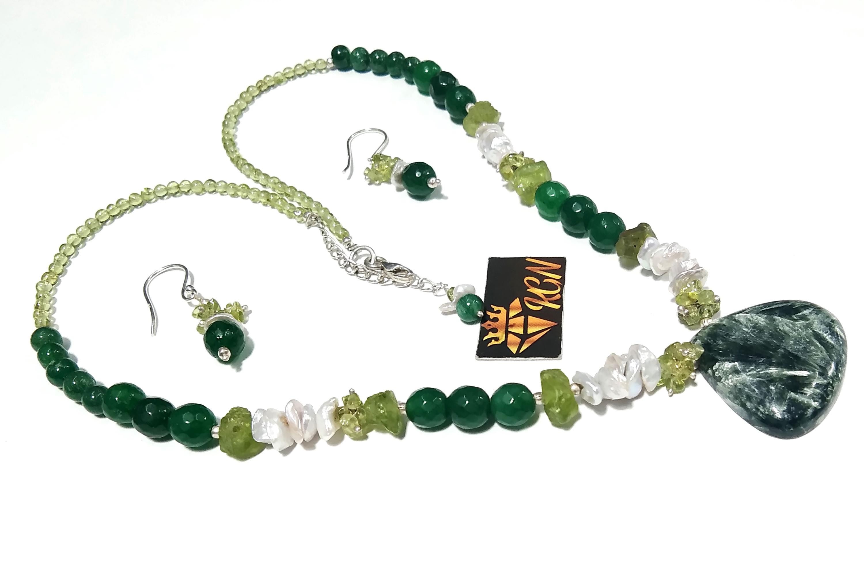 Natural Seraphinite/Peridot/Green Jade Gemstone Beads Necklace Set, Jewelry 925 Sterling Silver Necklace, Beaded Necklace Statement Jewelry