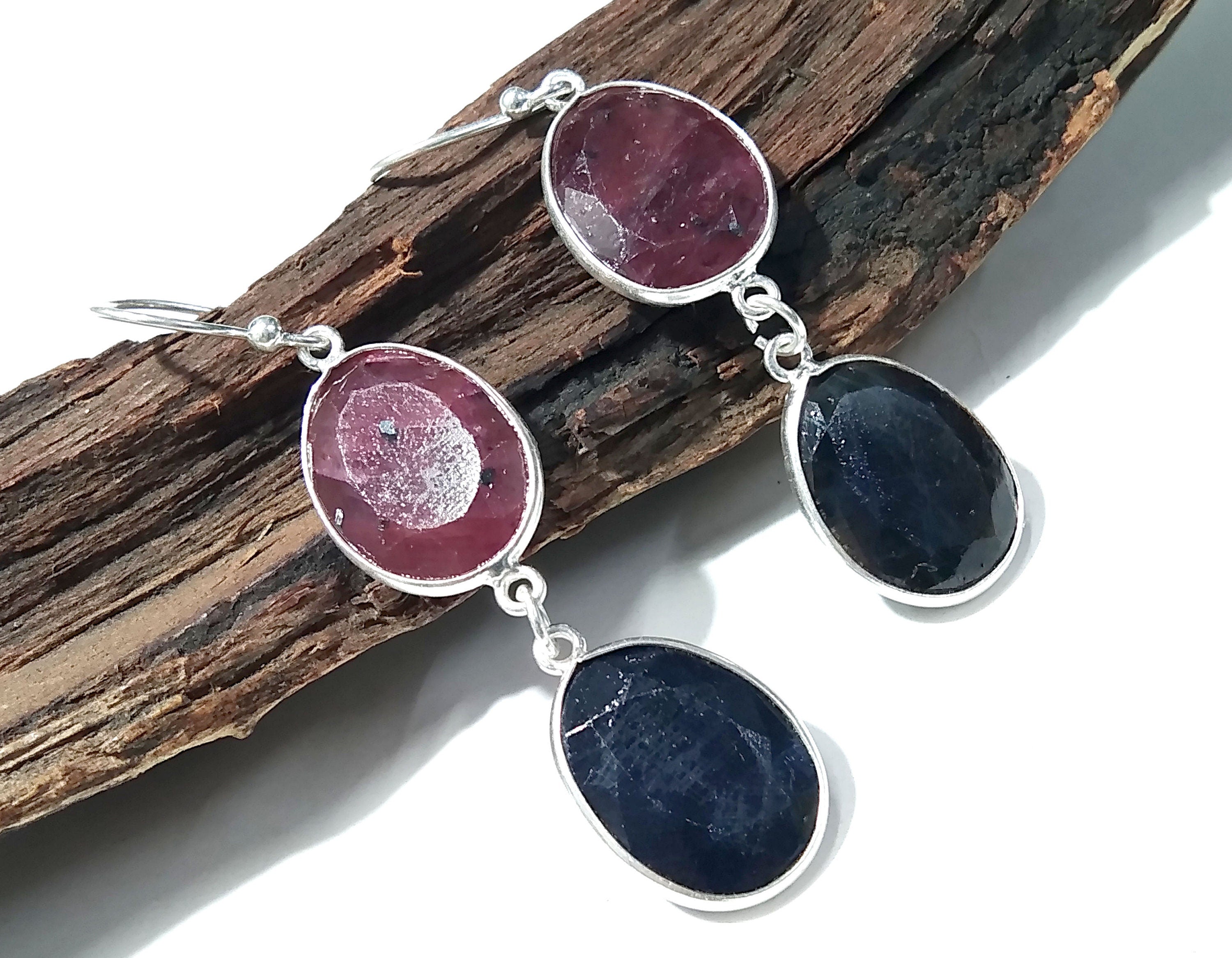 Natural Red Ruby/Blue Sapphire Gemstone Earring, 925 Solid Starling Silver Earring Gemstone, Gift For Wedding Earring, Birthstone Earring