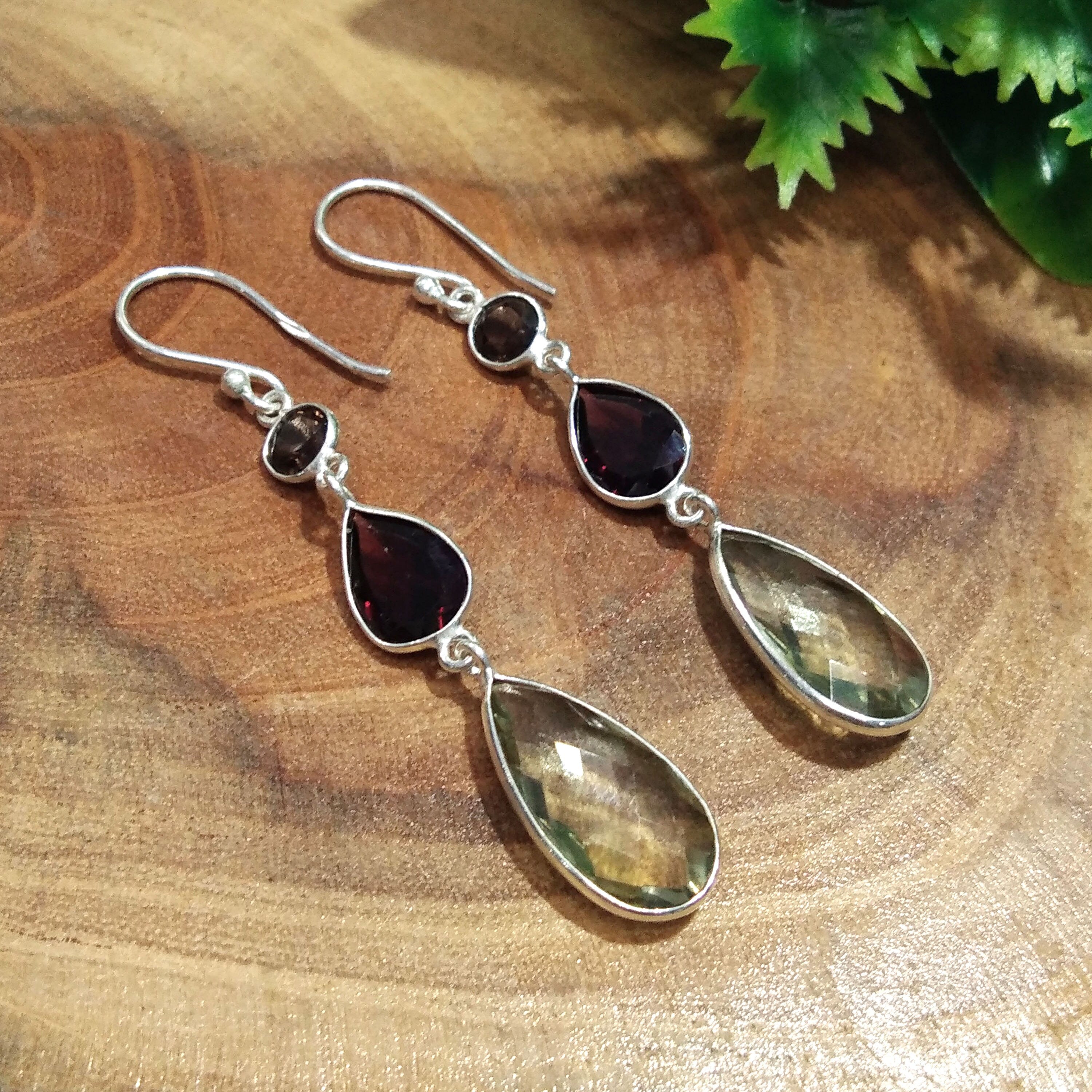 Natural Red Garnet / Green Amethyst Gemstone Earring, 925 Solid Starling Silver Earring, Stone Size 17x9mm to 9x6mm Gift Bridesmaid Earring