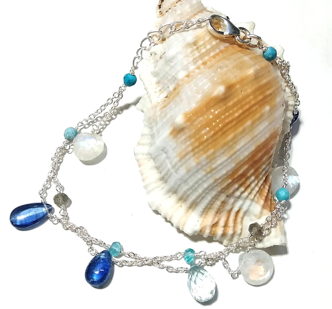 Blue Kyanite/Moonstone Bracelet, 925 Solid Sterling Silver Bracelet, Natural Rainbow Moonstone Adjustable Bracelet, 8 inches Gift Bracelet