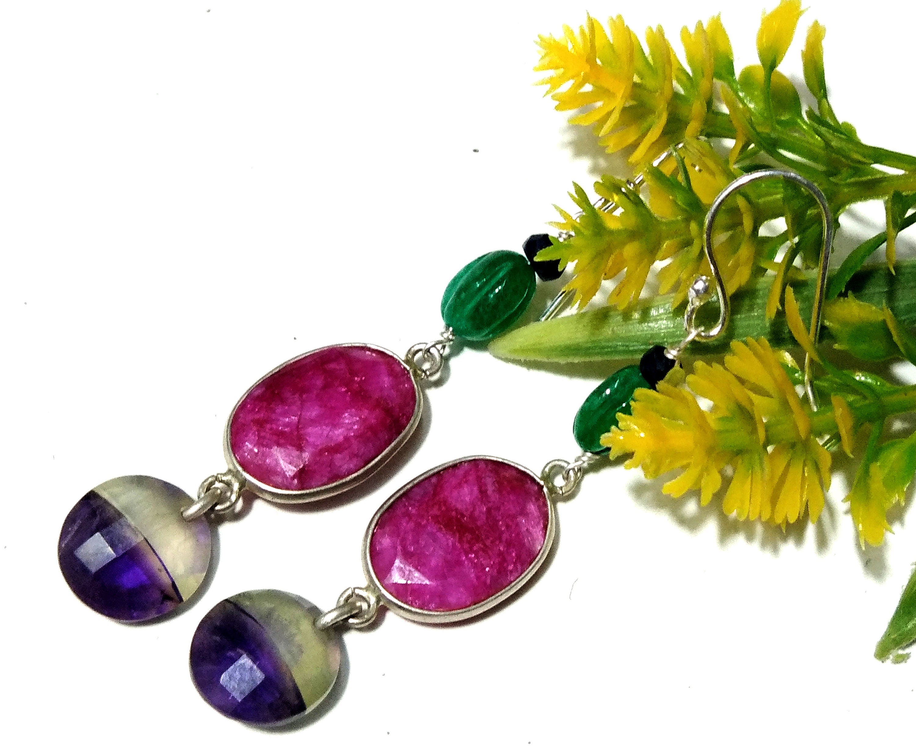Natural Doublet Gemstone Amethyst & Ruby Multi Stone Earring, 925 Sterling Silver Earring Jewelry, For Girls/Women, Gift Earring