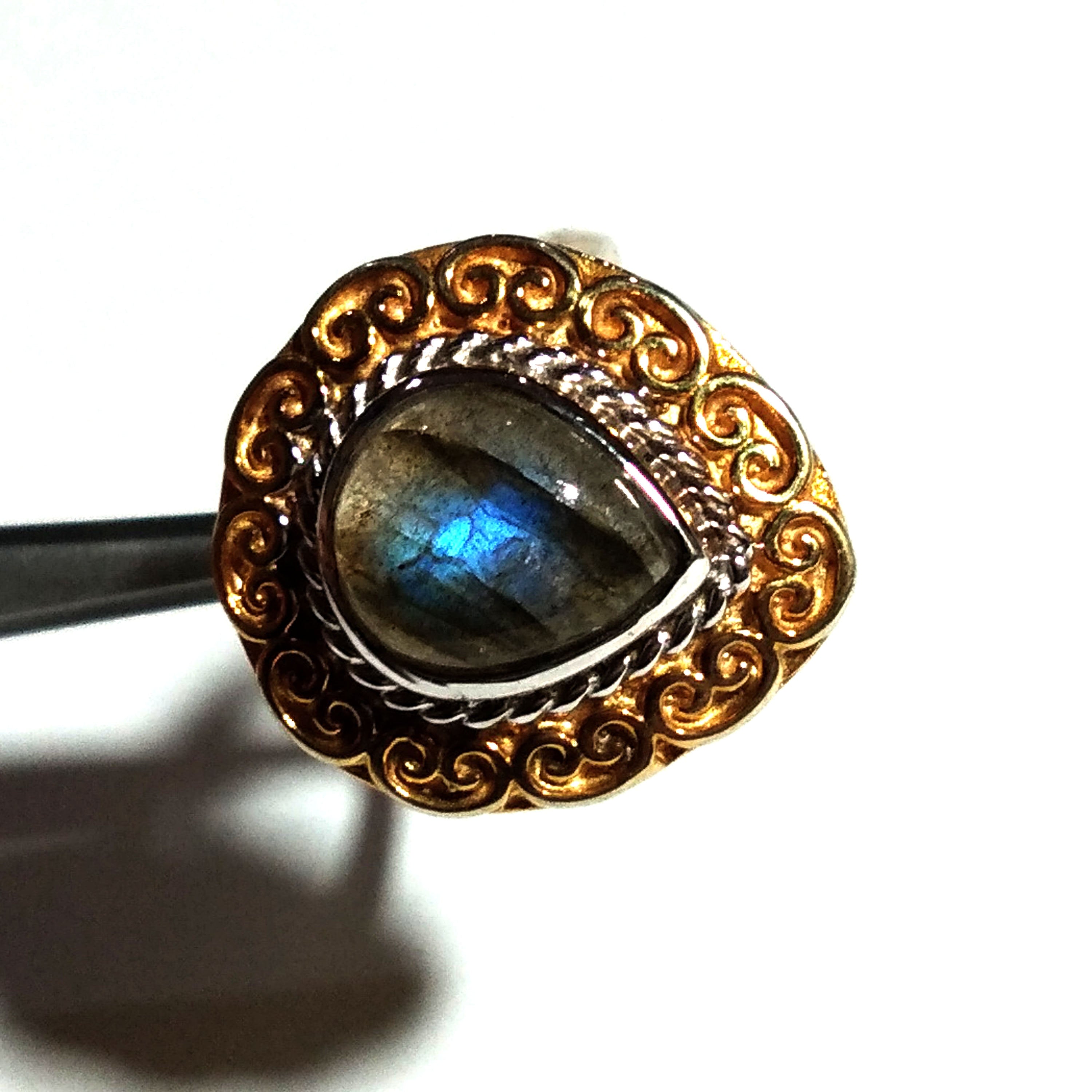 Natural Labradorite Blue Fire Stone Ring, 925 Solid Starling Silver Gold Plated Ring Jewelry Pear Shape Stone Size 12x10 mm Gift for Ring