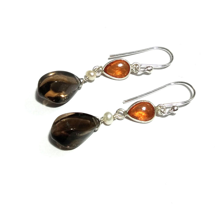 Natural Smoky Quartz/Yellow Garnet Earring Stone, 925 Solid Sterling Silver Earring, Design Smoky Quartz Earring, Stone Size 14x7mm to 6x5mm