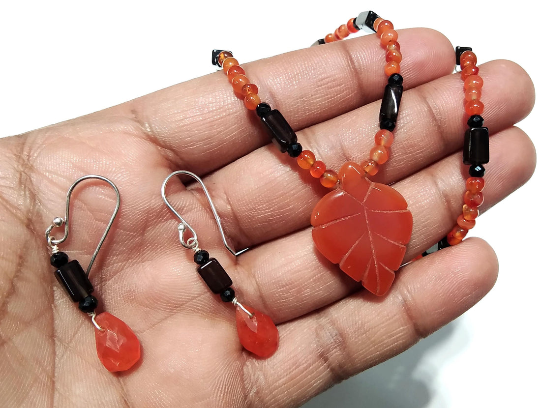 Natural Caroline /Black Onyx Beads Necklace Earring Jewelry Set, 925 Solid Sterling Silver Necklace Earring, Jewelry Gift For Girls & Women