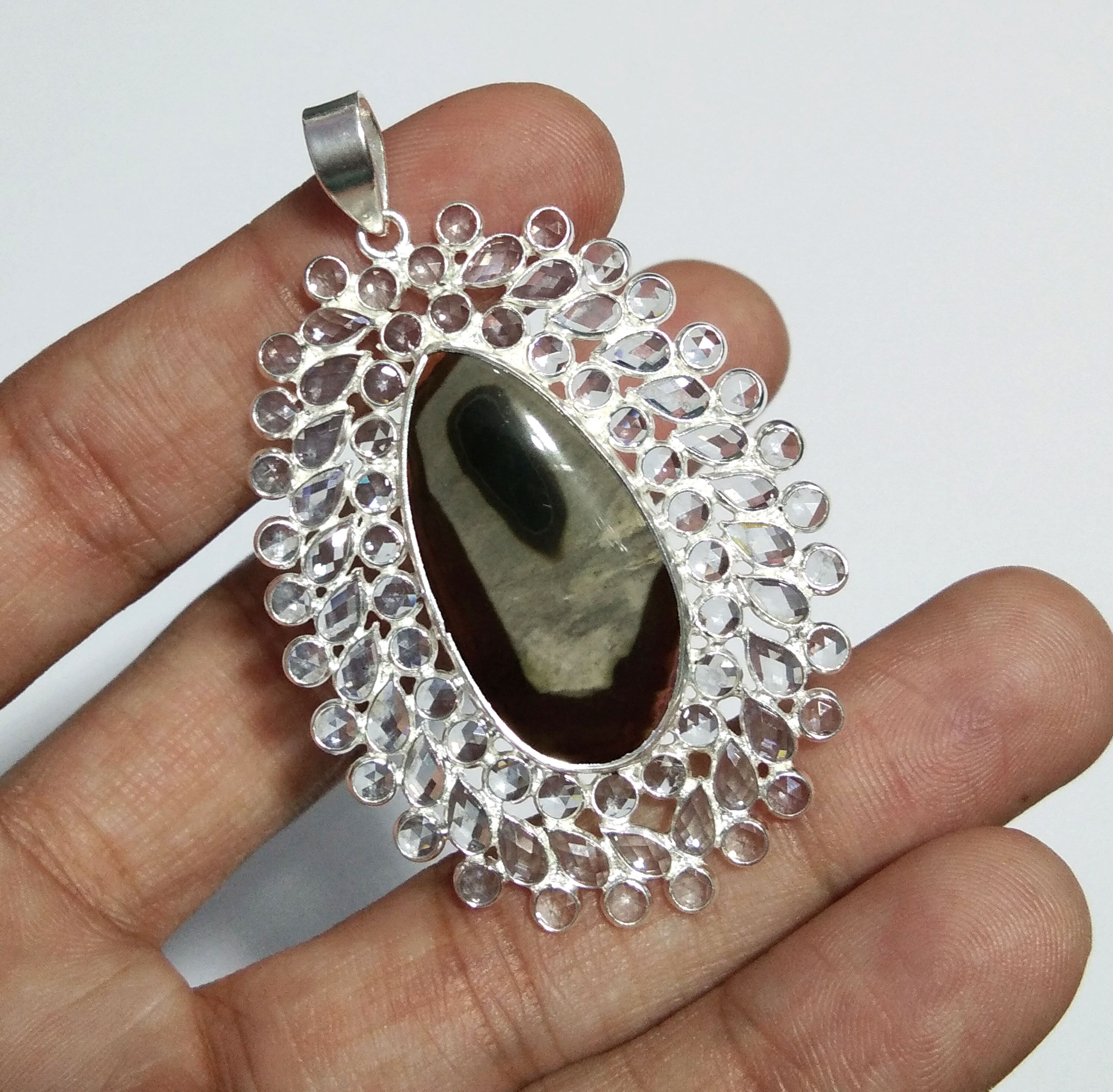Natural Imperial Jasper, White Zircon Stone Pendant, Solid 925 Starling Silver Pendant Stone Size 31x16 mm Gift For Women Pendant Jewelry