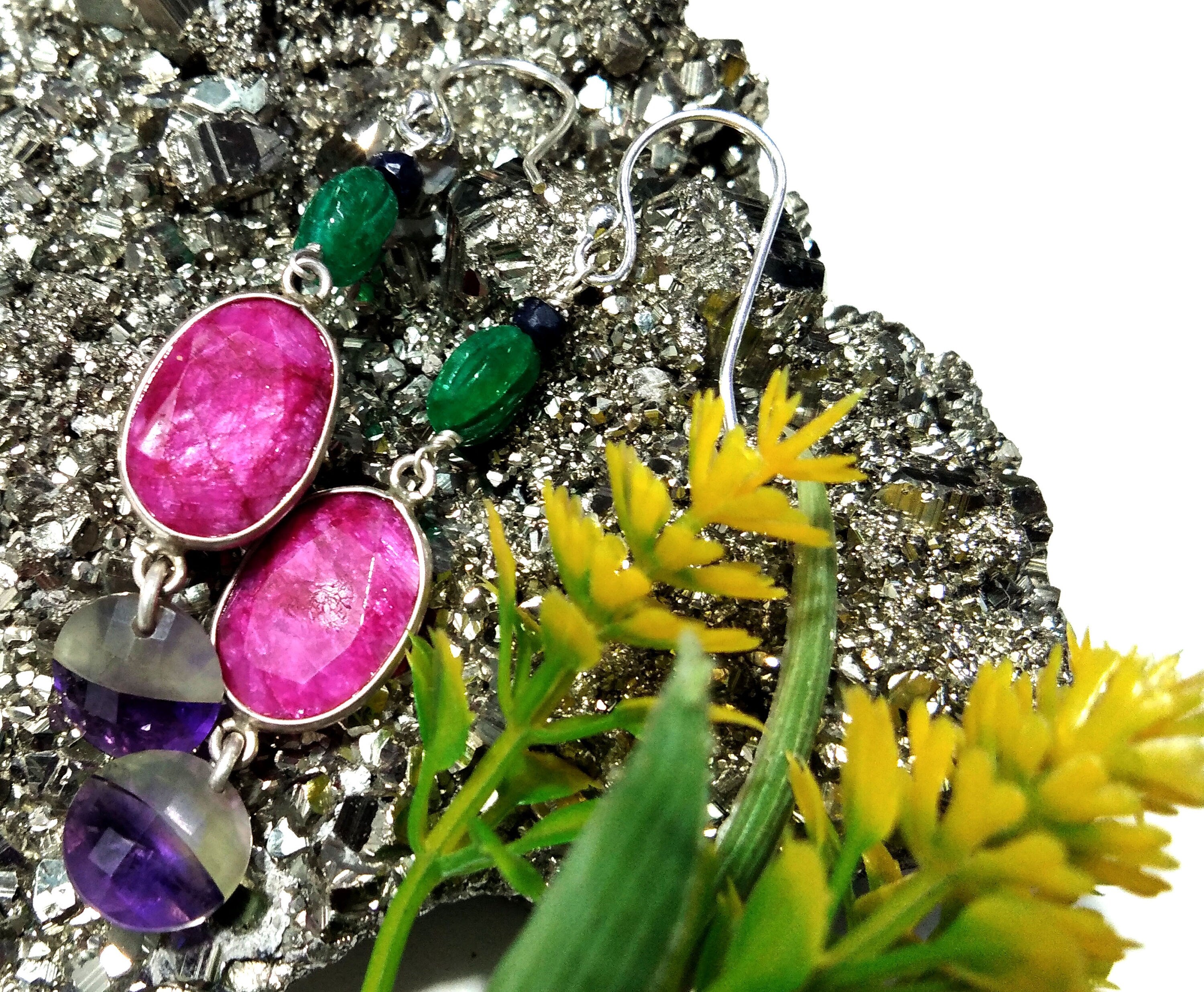 Natural Doublet Gemstone Amethyst & Ruby Multi Stone Earring, 925 Sterling Silver Earring Jewelry, For Girls/Women, Gift Earring