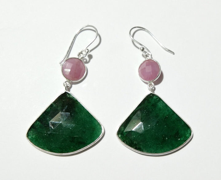 Beautiful Nice Earring, Pink Sapphire, Green Jade All Natural Gemstone Faceted With 925 Starling Silver Earring, Handmade Bezel Earring.