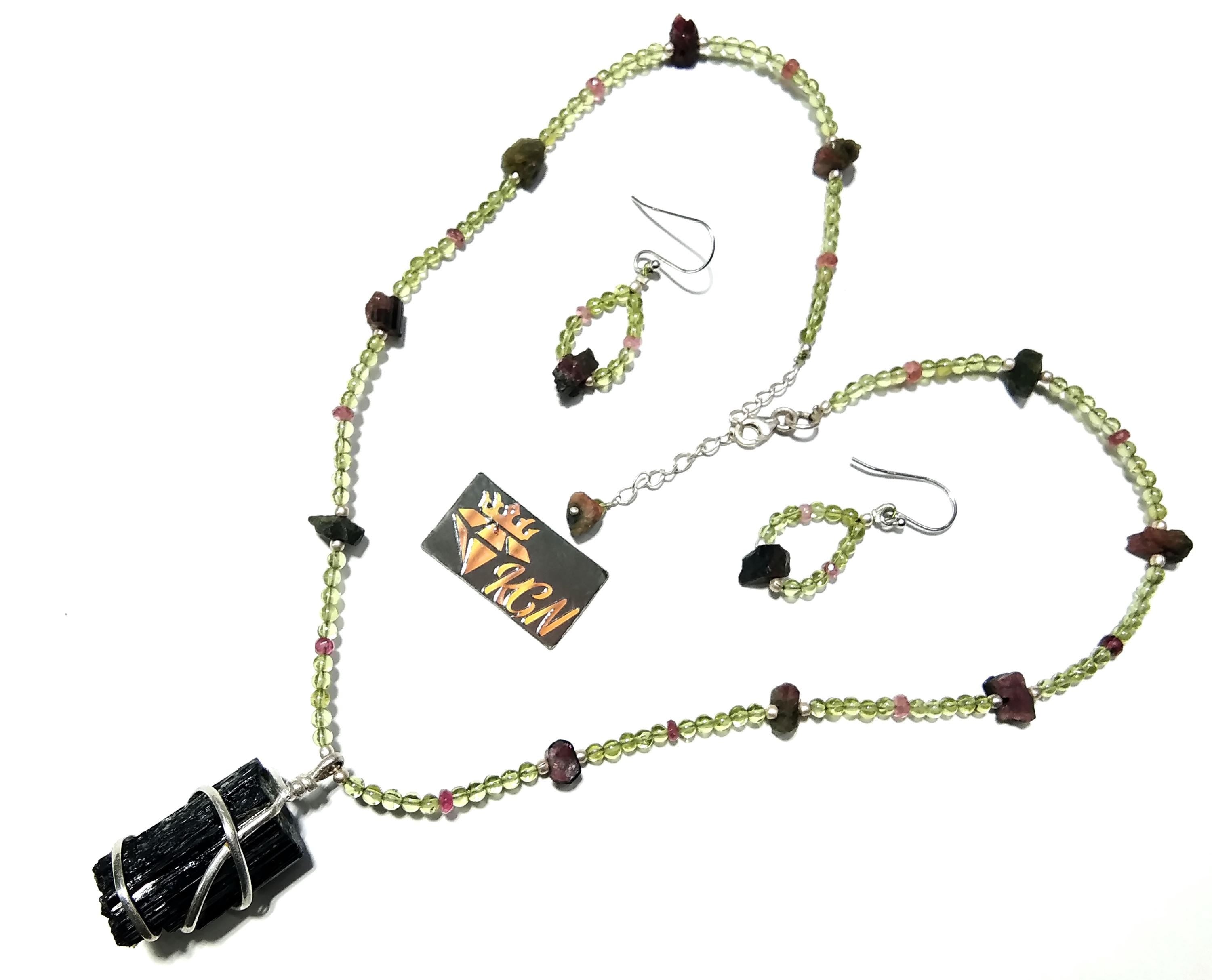 Natural Black Tourmaline/Peridot Gemstone Bead Necklace Jewelry Earring Set, 925 Sterling Silver Necklace Beaded Necklace Statement Jewelry
