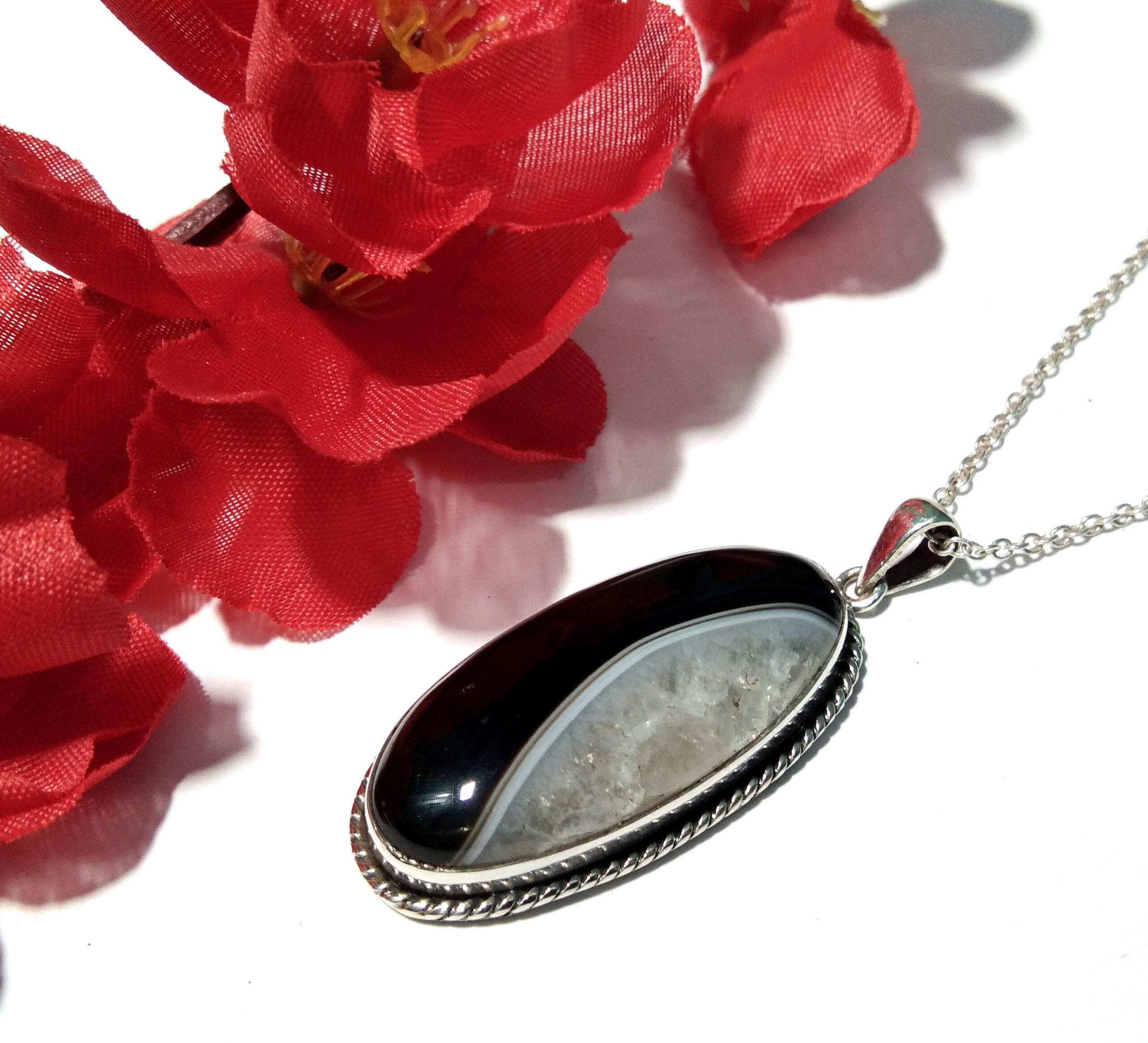 Black Banded Agate Gemstone Pendent, 925 Sterling Silver Pendant Jewelry, Handmade Silver Pendant, Natural Black Banded Agate Girls & Women