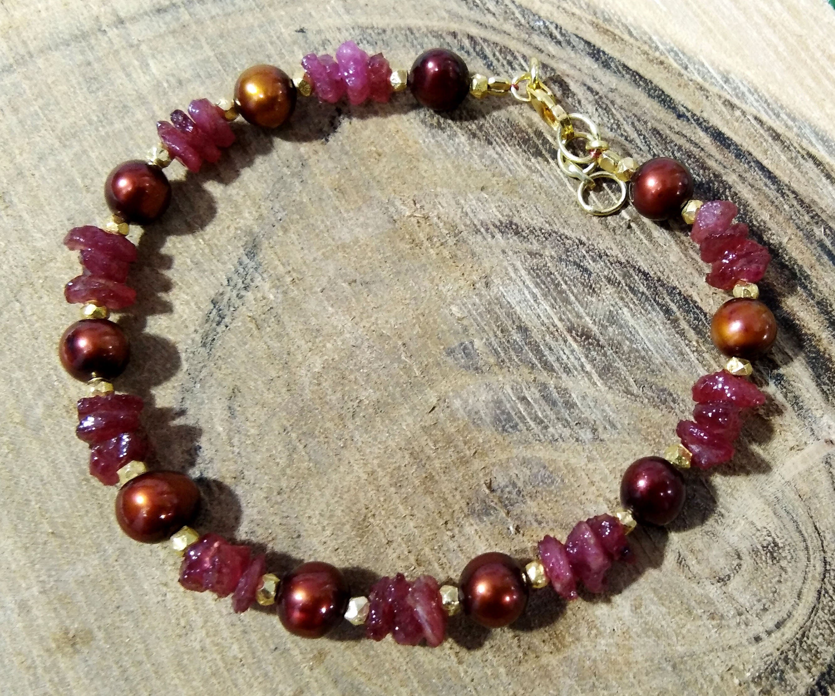 Awesome Natural Ruby Rough & Brown Pearl Bracelet, 925 Sterling Silver With Gold Plated Adjustable Bracelets, Handmade Making Pearl Bracelet
