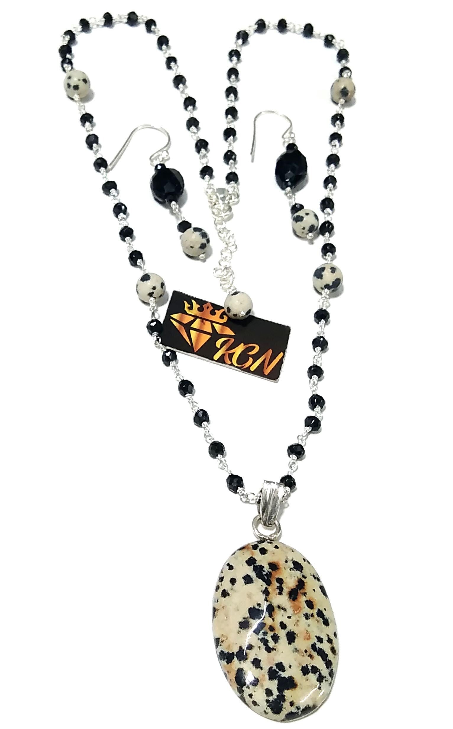 Natural Dalmatian Jasper/Black Onyx Necklace Earring Jewelry Set, 925 Sterling Silver Necklace Gemstone Necklace Statement For Gift Jewelry