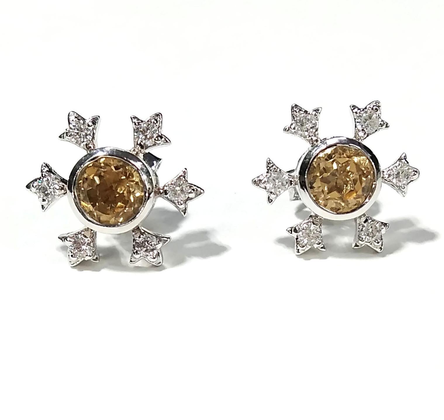 Amazing Design Citrine & White Zircon Stud Earring, 925 Starling Silver Earring, Natural Citrine Gemstone Round Shape Stone Size 5x5mm Studs