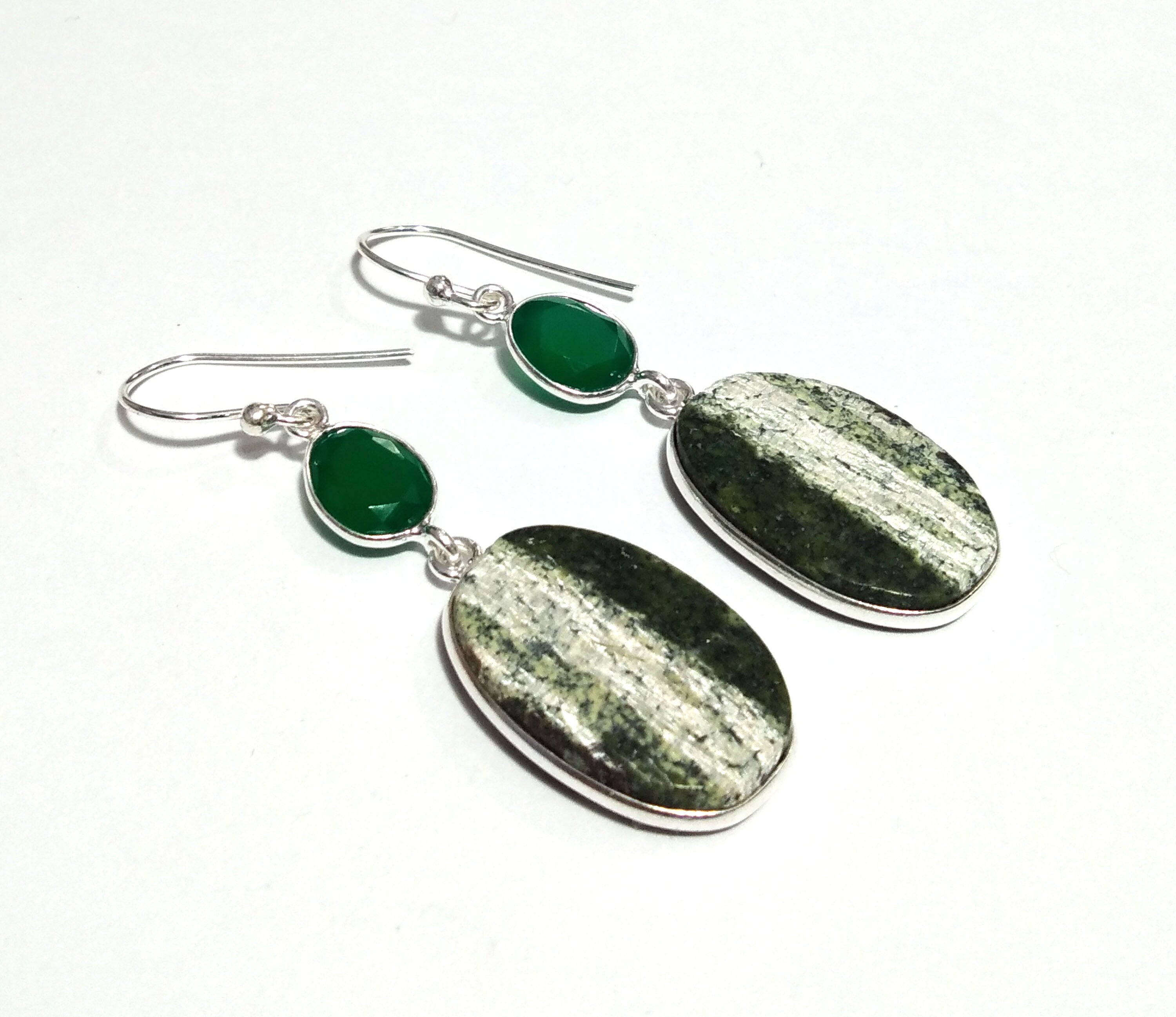 Natural Green Zebra Jasper/onyx Earring, 925 Solid Starling Silver Earring, Zebra Jasper Stone Size 22x14 mm Gift Christmas Earring