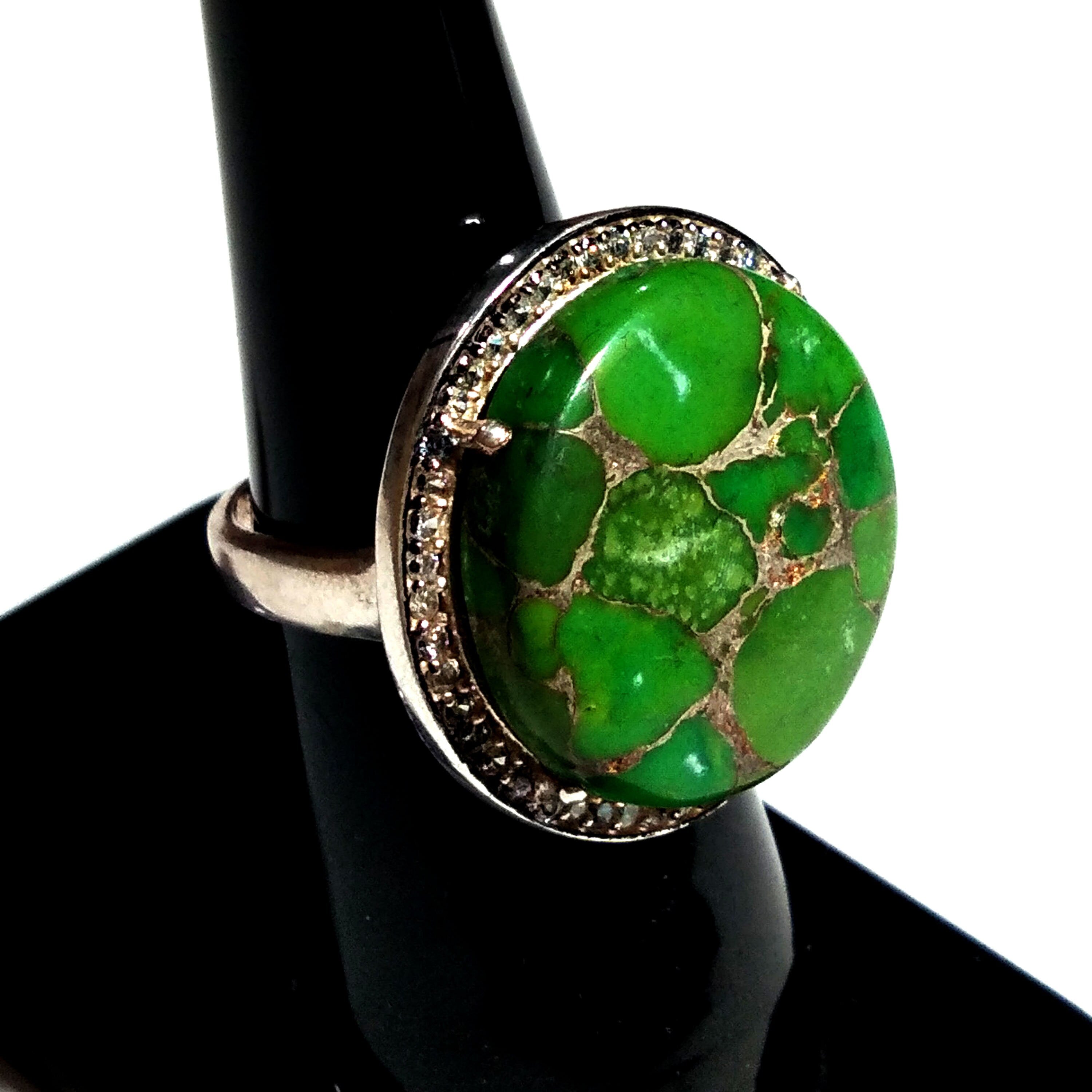 Green Copper Turquoise and Zircon Ring Stone, Solid 925 Starling Silver Ring, Turquoise and Zircon Ring, Jewelry Round Shape For Gift Ring
