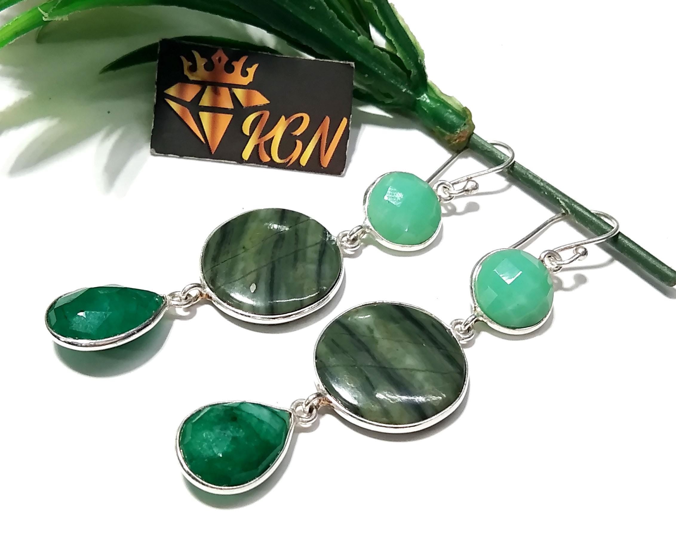 Natural Chrysoprase,Green Jasper,Emerald Stone Drop Earring, 925 Solid Starling Silver Earring, Gift Wedding Earring, For Girls & Women.