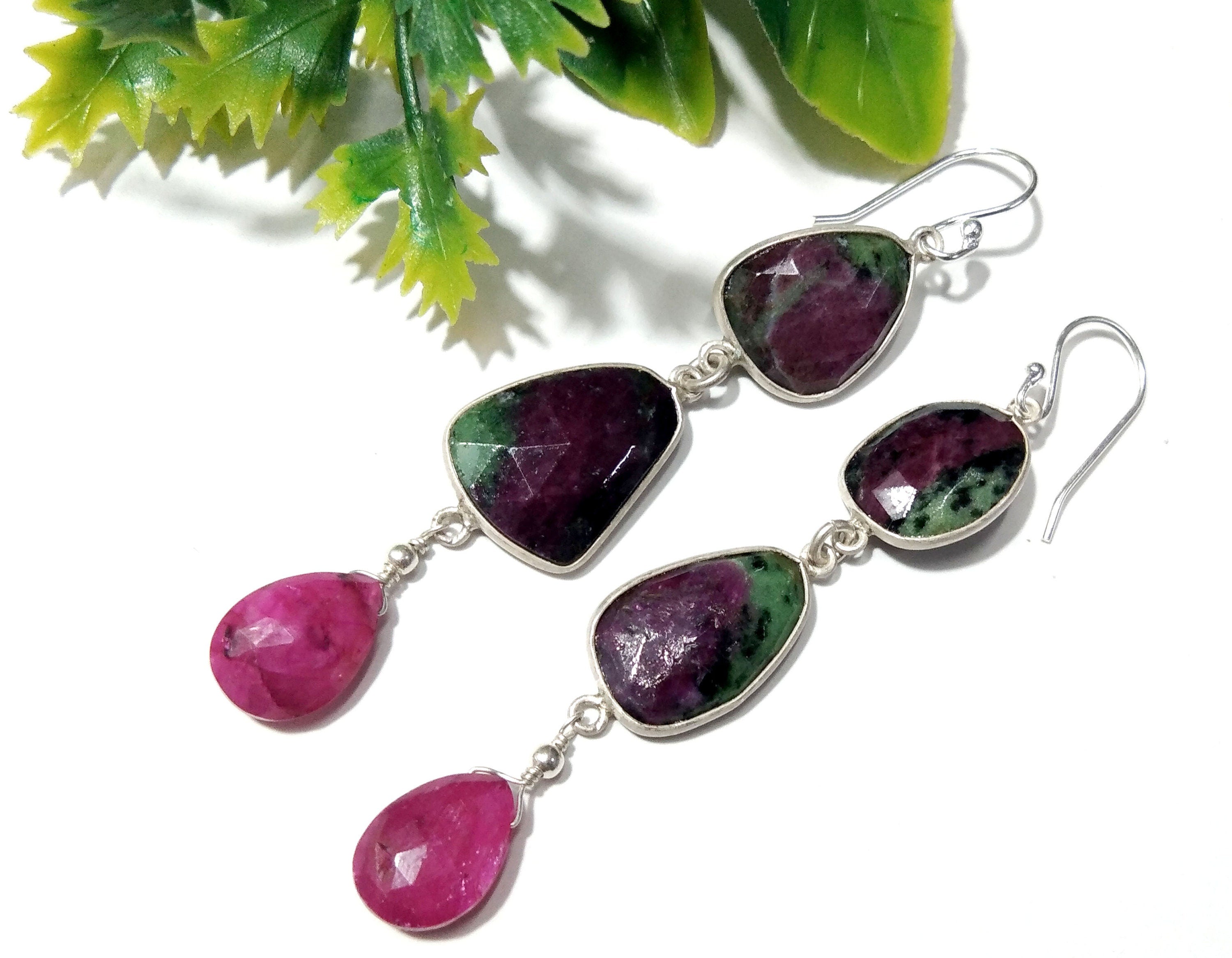 Natural Ruby Zoisite & Red Ruby Gemstone Earrings, Solid 925 Starling Silver Earrings, Ruby Zoisite Rose Cut Gemstone Handmade Gift Earrings
