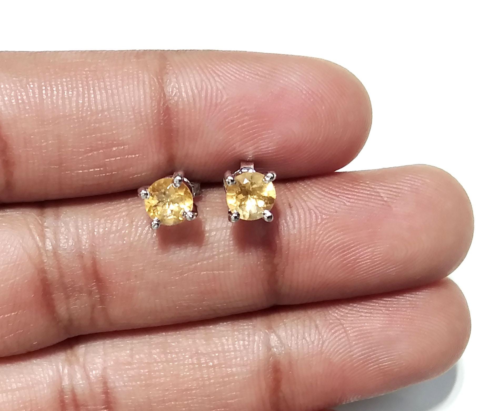 Natural Citrine Stud Earrings, 925 Starling Silver Jewelry Earring, Amazing Citrine Gemstone Round Shape Stone Size 5x5mm Gift For Her