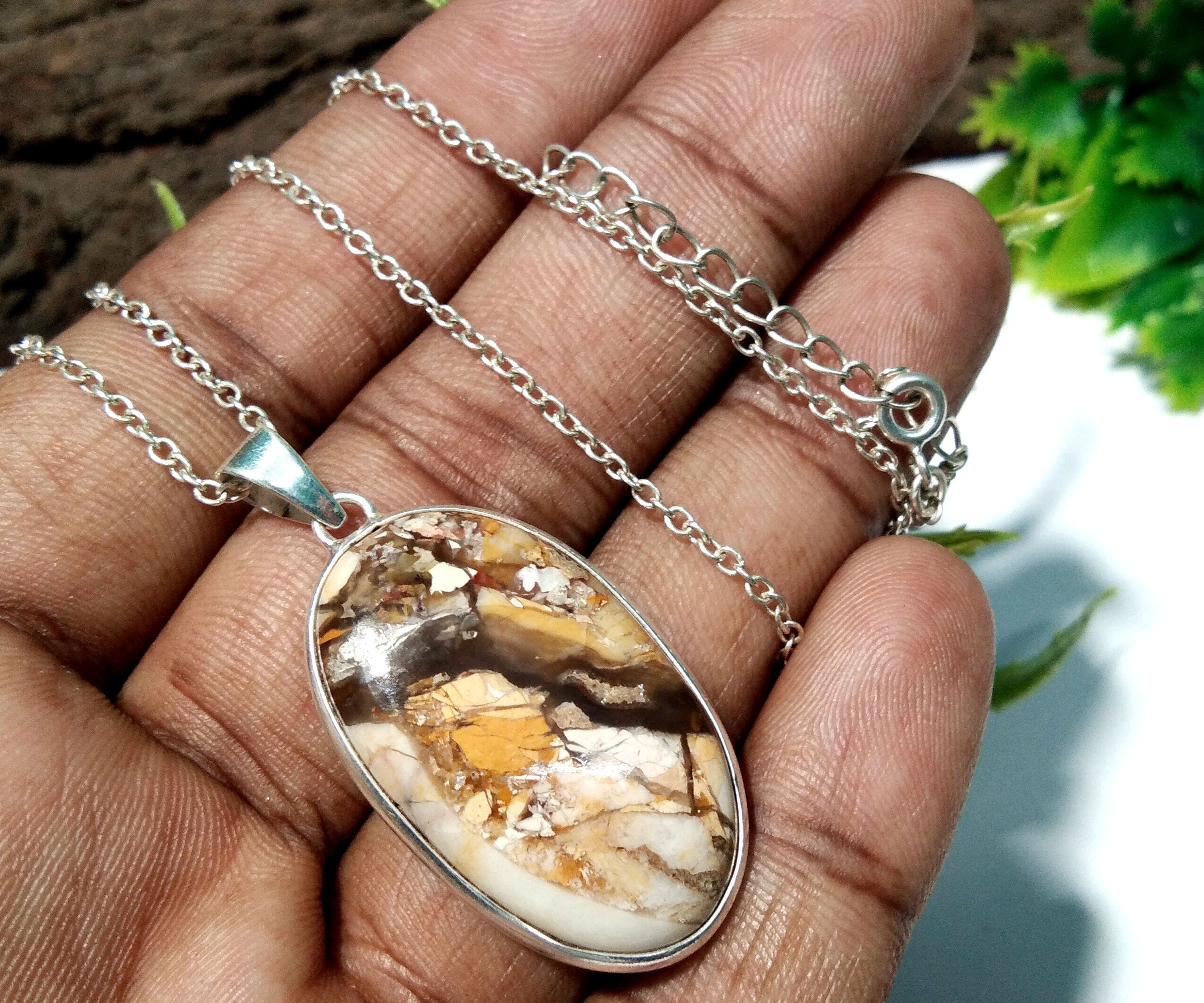 Natural Brecciated Mookaite Gemstone Pendant Chain Necklace, 925 Sterling Silver Pendant Jewelry Handmade Gift Easter Pendant Chain Necklace