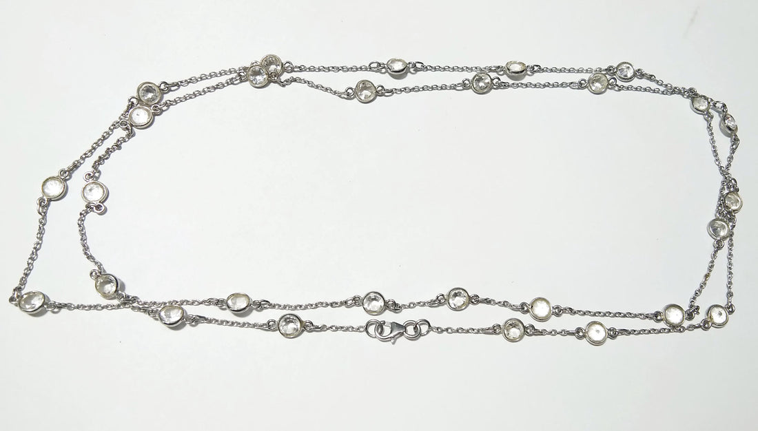 Natural White Topaz Stone Chain Necklace, Solid 925 Starling Silver Chain, 44''Inches Adjuster Beaded Chain Necklace Jewelry Making