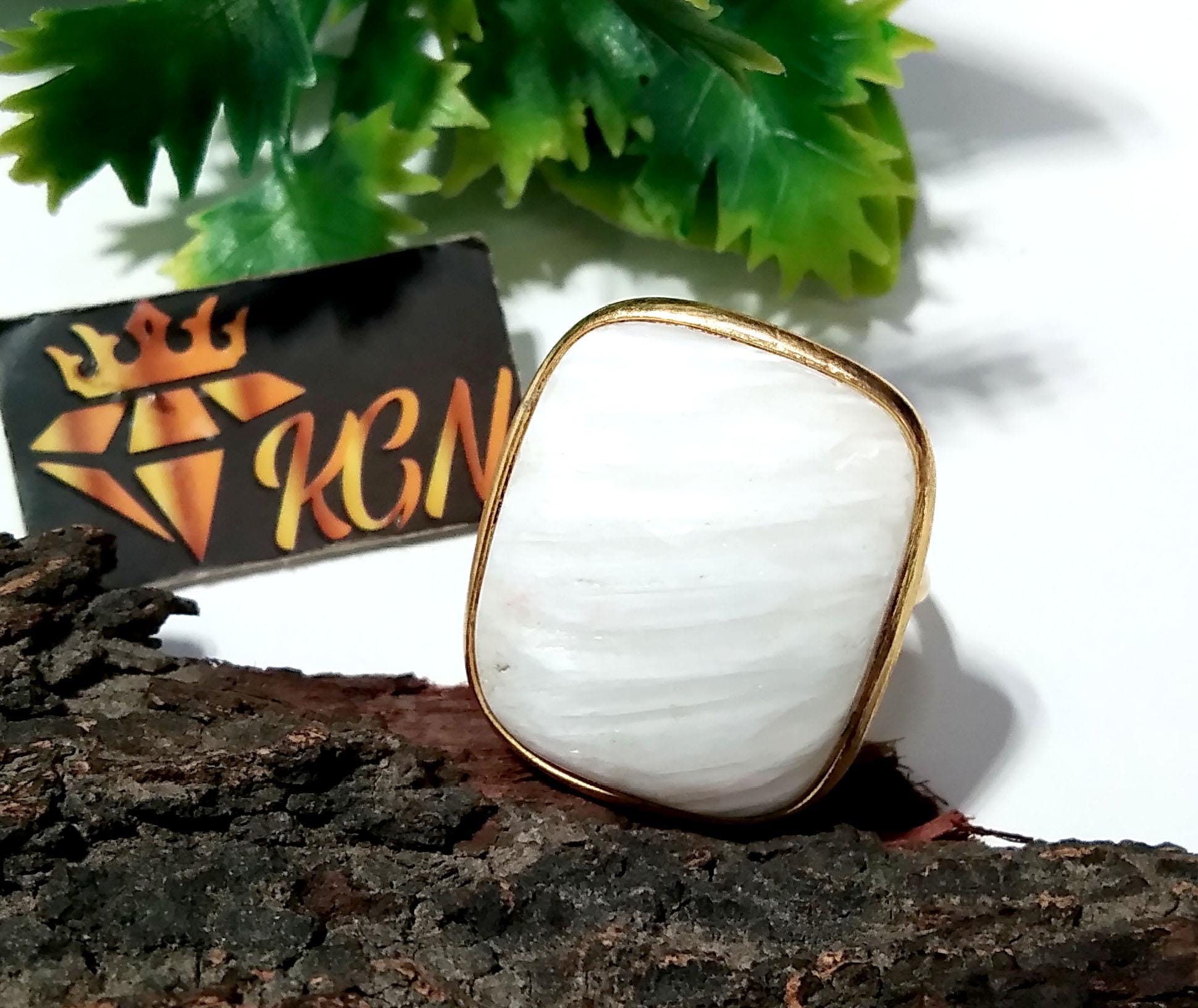 Natural White Scolecite Rings, Solid 925 Starling Silver Gold Plated Rings, Jewelry Stone Size 21x18 mm Handmade Gift Wedding Ring Jewelry