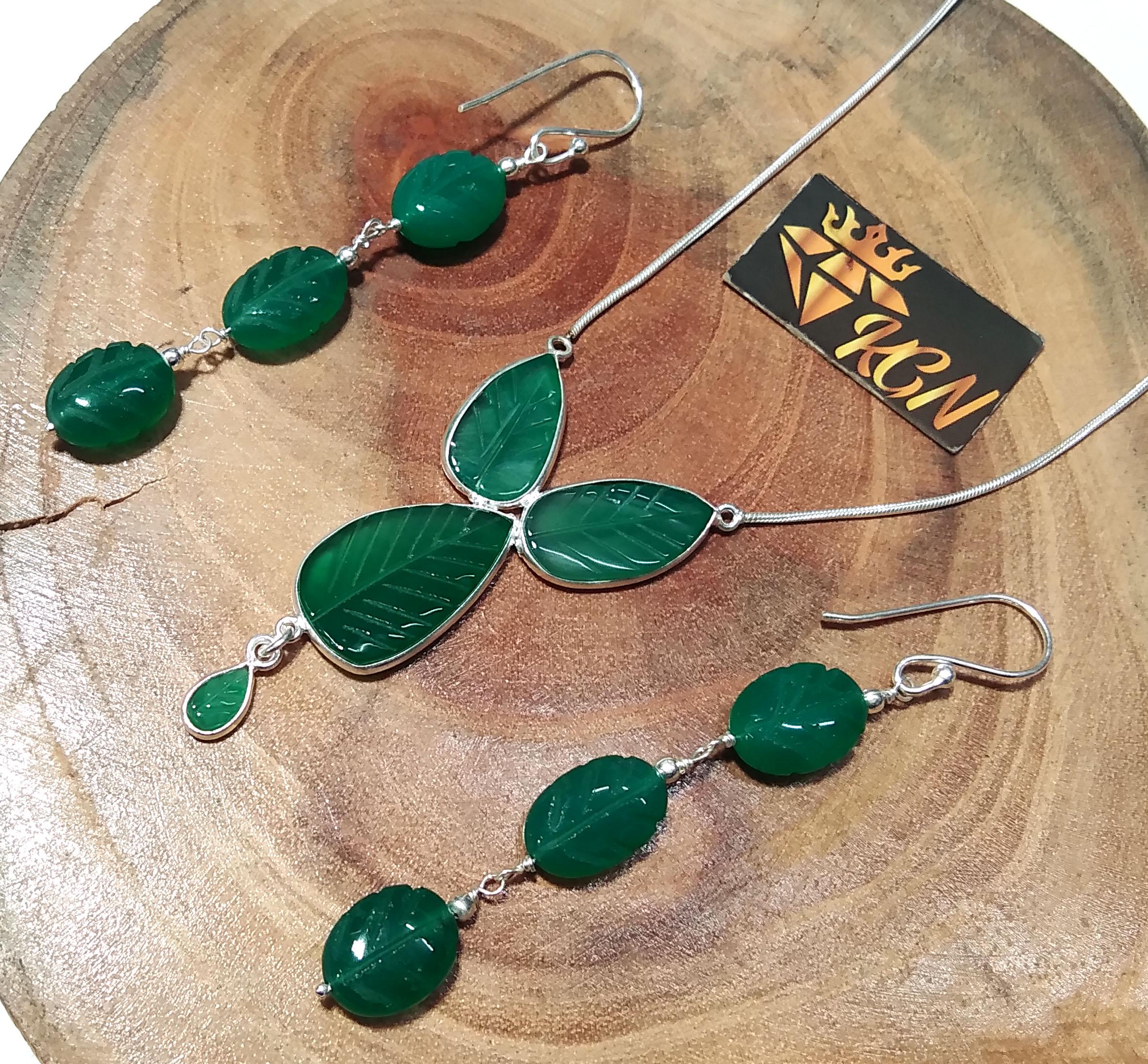 Natural Green Onyx Carved Gemstone Necklace & Earring Jewelry Set, 925 Starling Silver Necklace, Beautiful Onyx Carved Stone Gift For Her