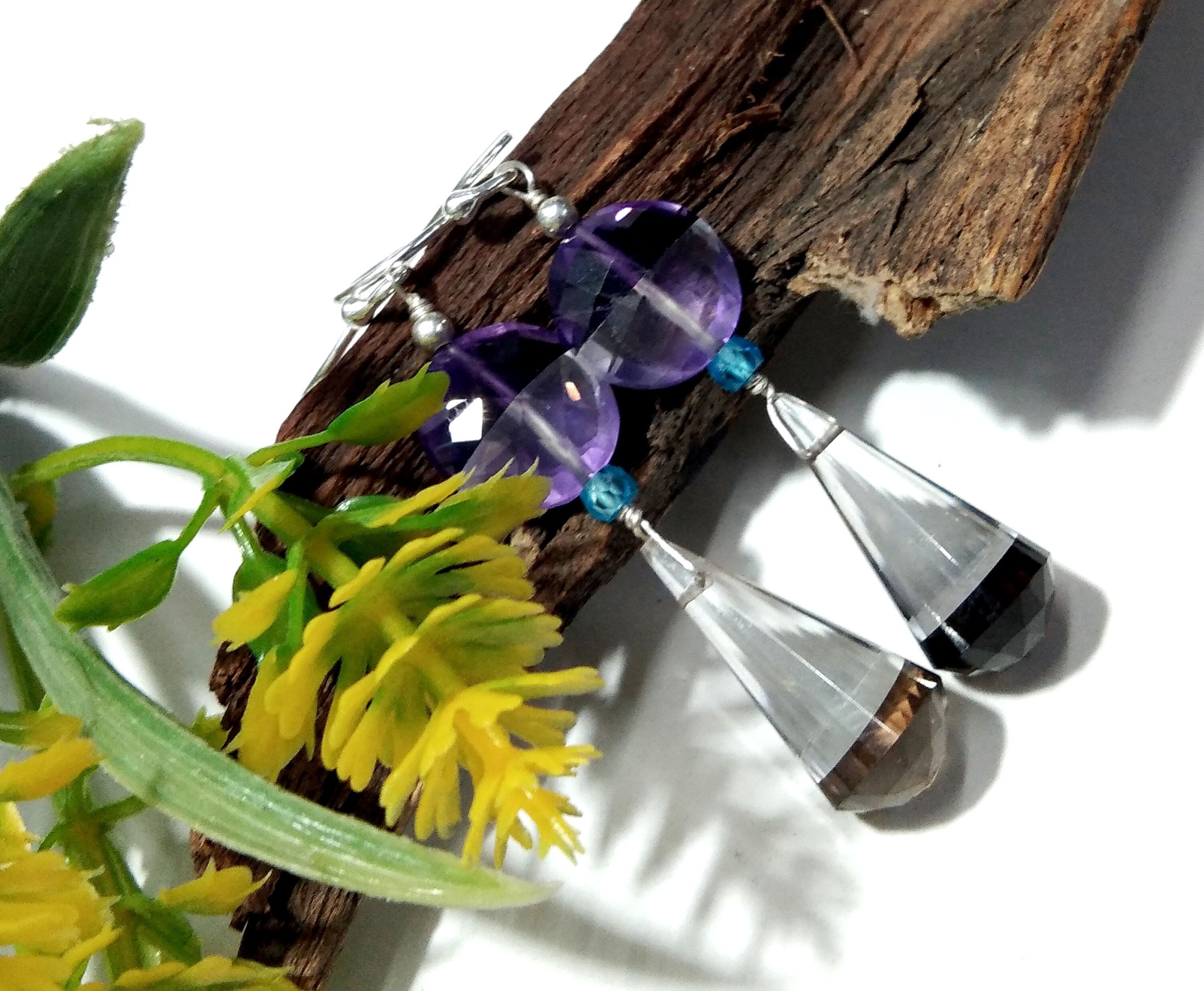 Natural Color Doublet Gemstone Amethyst, Crystal & Smoky Quartz Multi Stone Earrings, With 925 Silver Jewelry For Gifts Girls/Women