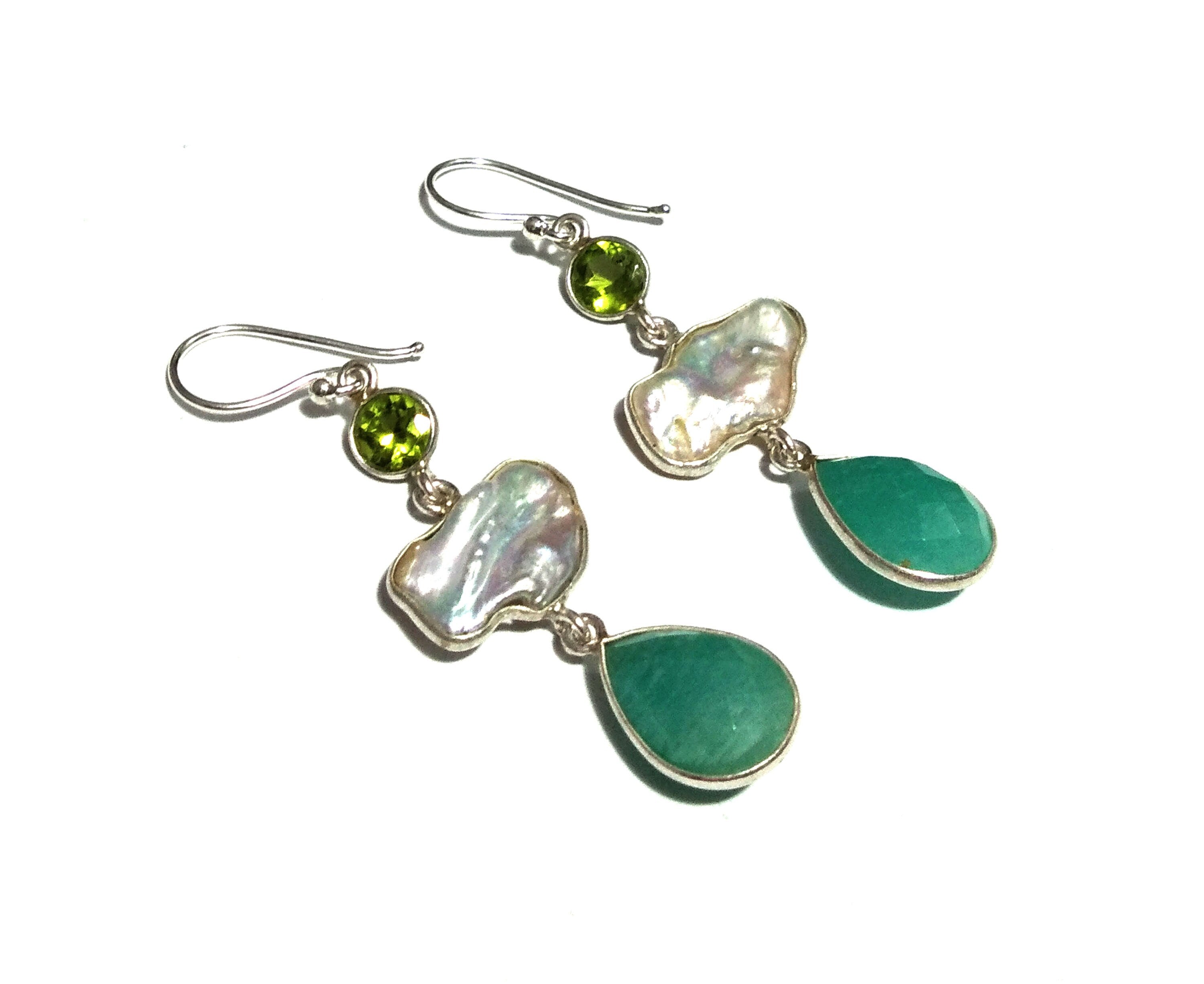 Natural Fresh Water Baroque Pearl/Peridot/Chalcedony Stone Drop Earring, 925 Solid Starling Silver Earring Gemstone, Gift Birthday Earring