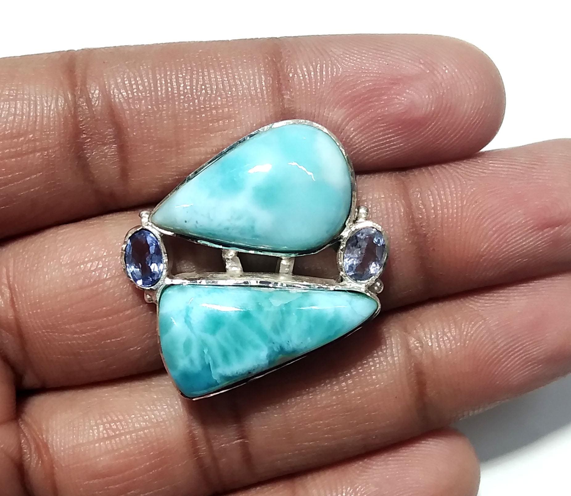 Natural Larimar & Tanzanite Faceted Gemstone Ring, 925 Solid Sterling Silver Jewelry Stone Ring, Handmade Jewelry, Gift Item For Girls/Women