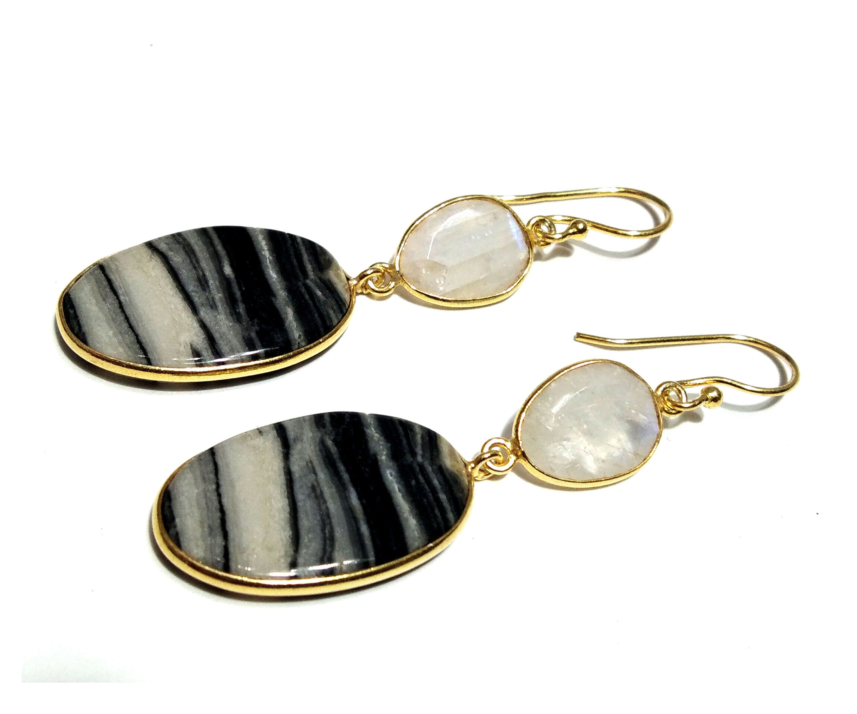 Natural Stone Zebra Jasper & Rainbow Moonstone Earring, 925 Starling Silver With Gold Plated Earring, Bezel Handmade Earring For Girls/Women