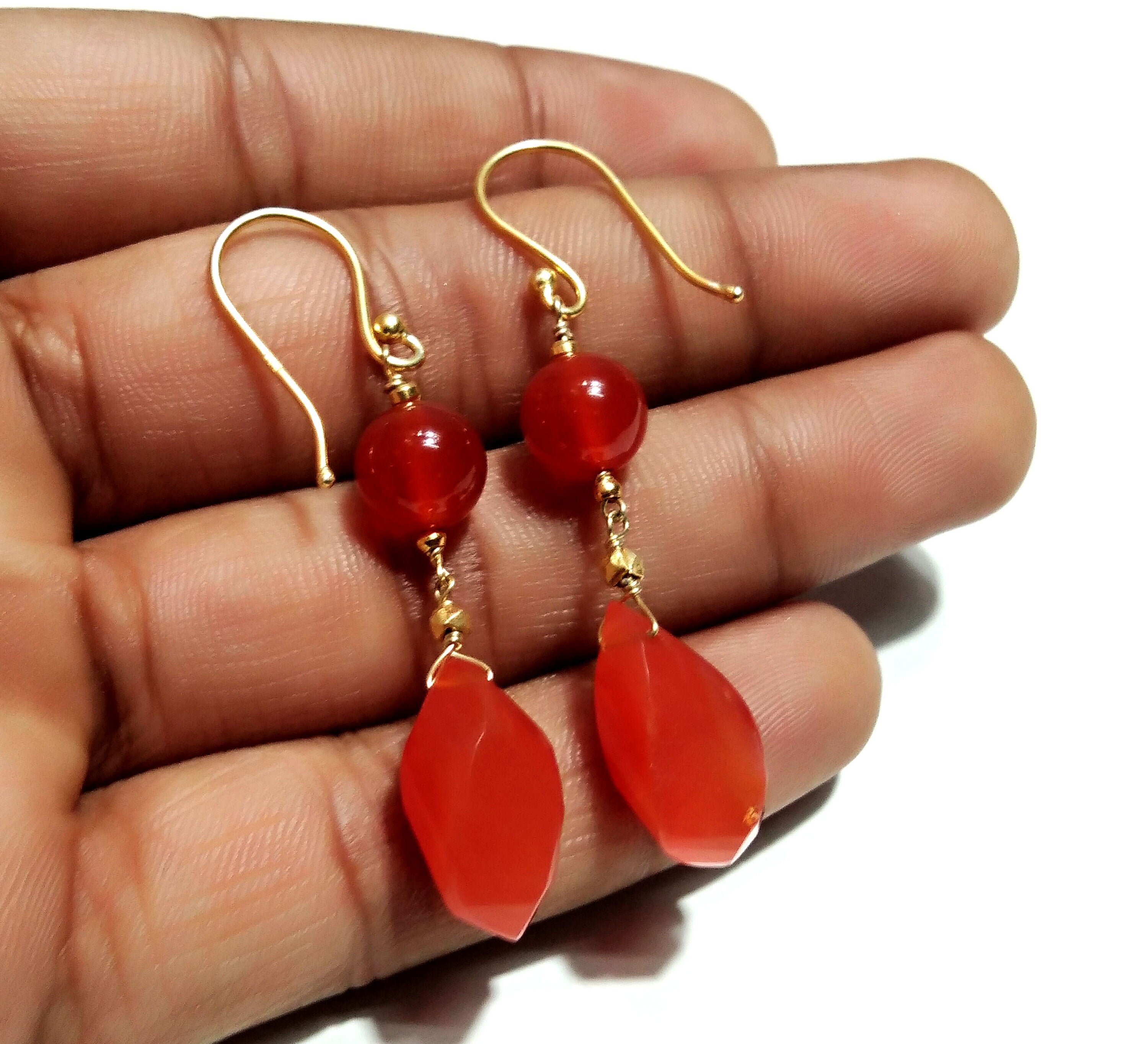 Natural Carnelian Gemstone Earrings, 925 Solid Sterling Silver With Gold Plated Earrings, For Girls & Women Earring, Gift Birthday Earrings