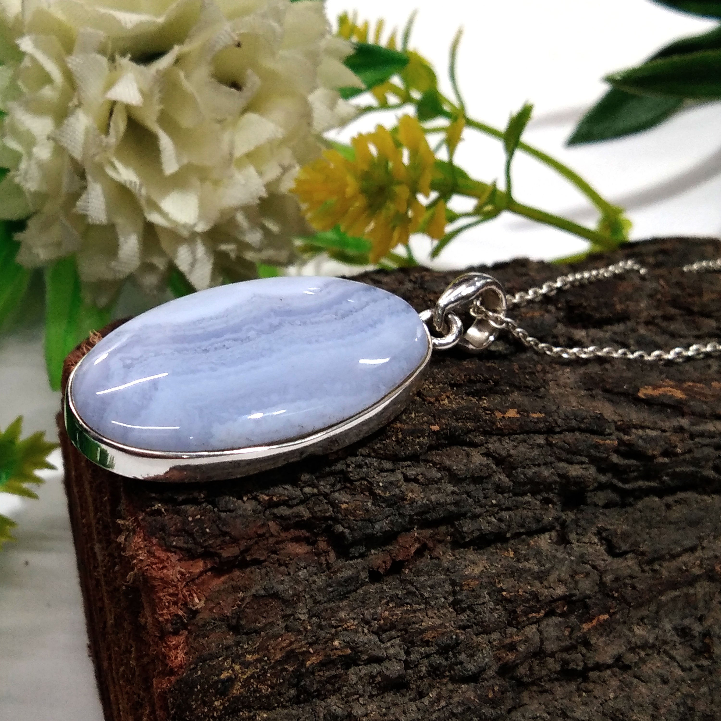 Natural Blue Lace Agate Gemstone Pendant Necklace Chain, 925 Starling Silver Pendant Necklace, Handmade Jewelry Stone Size 33x18 mm Pendant