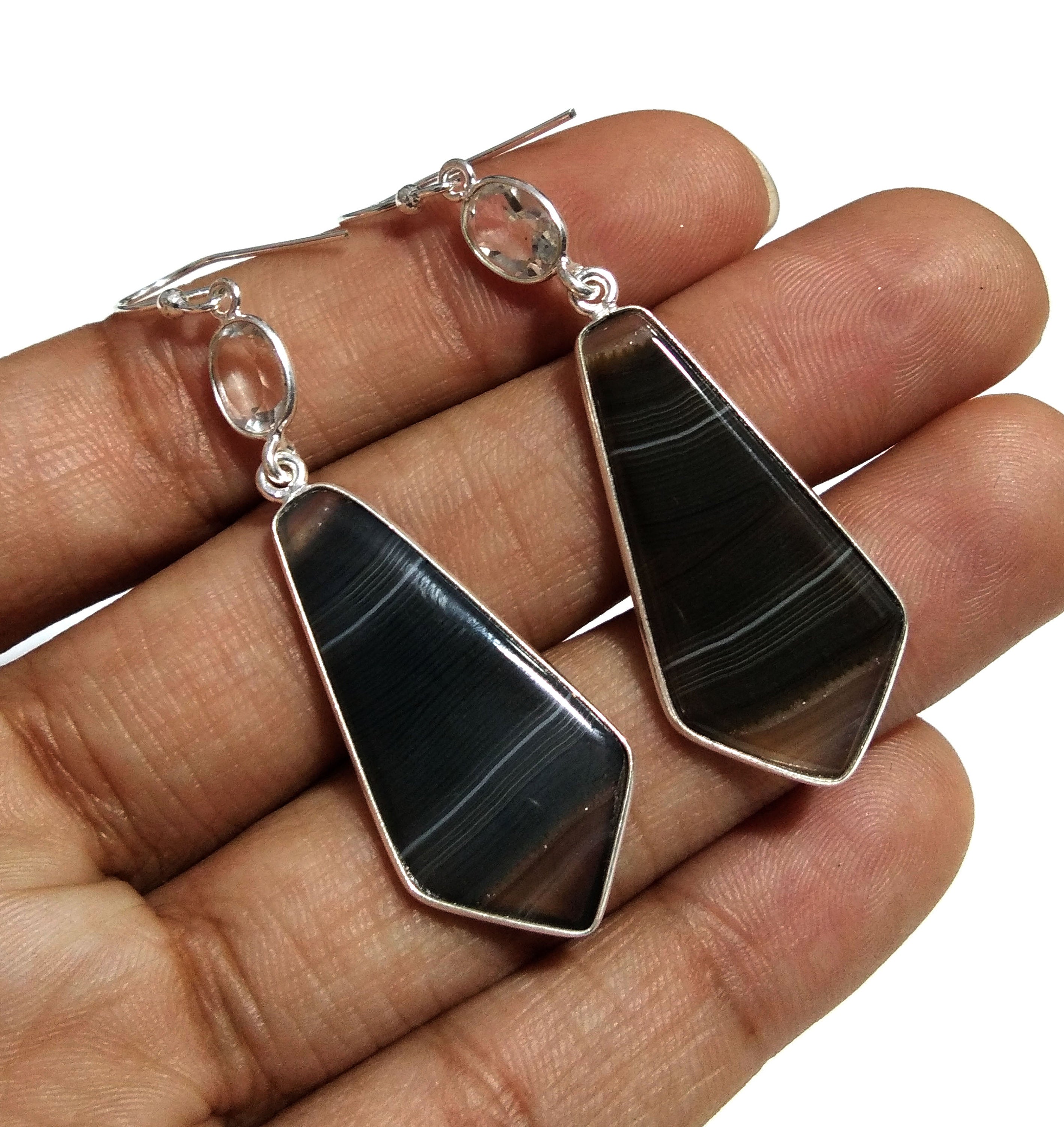Natural Black Blue Banded Agate/Zircon Gemstone Earring, 925 Solid Starling Silver Earring, Stone Size 33x16mm Gift Birthday Earring Jewelry