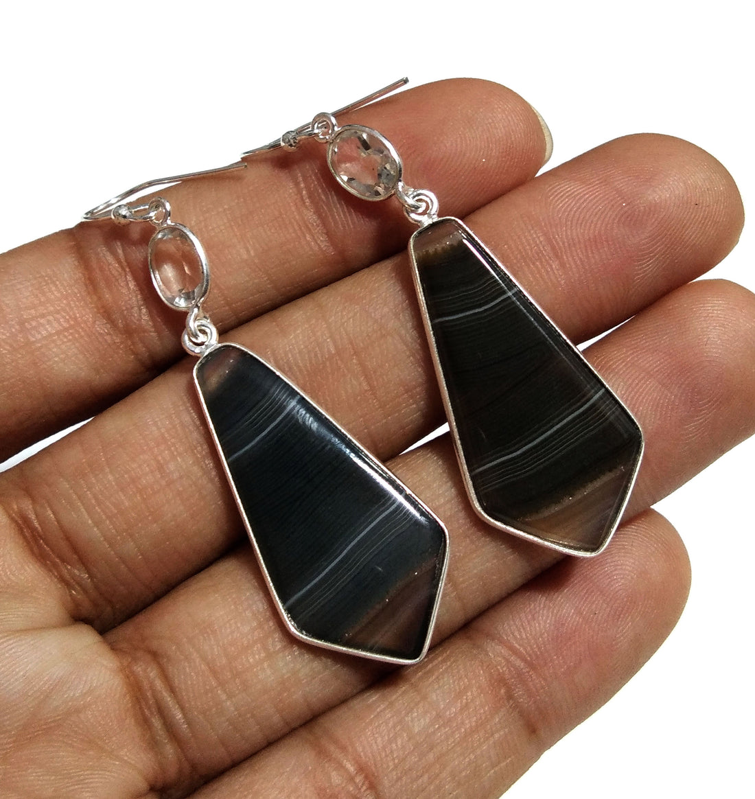 Natural Black Blue Banded Agate/Zircon Gemstone Earring, 925 Solid Starling Silver Earring, Stone Size 33x16mm Gift Birthday Earring Jewelry