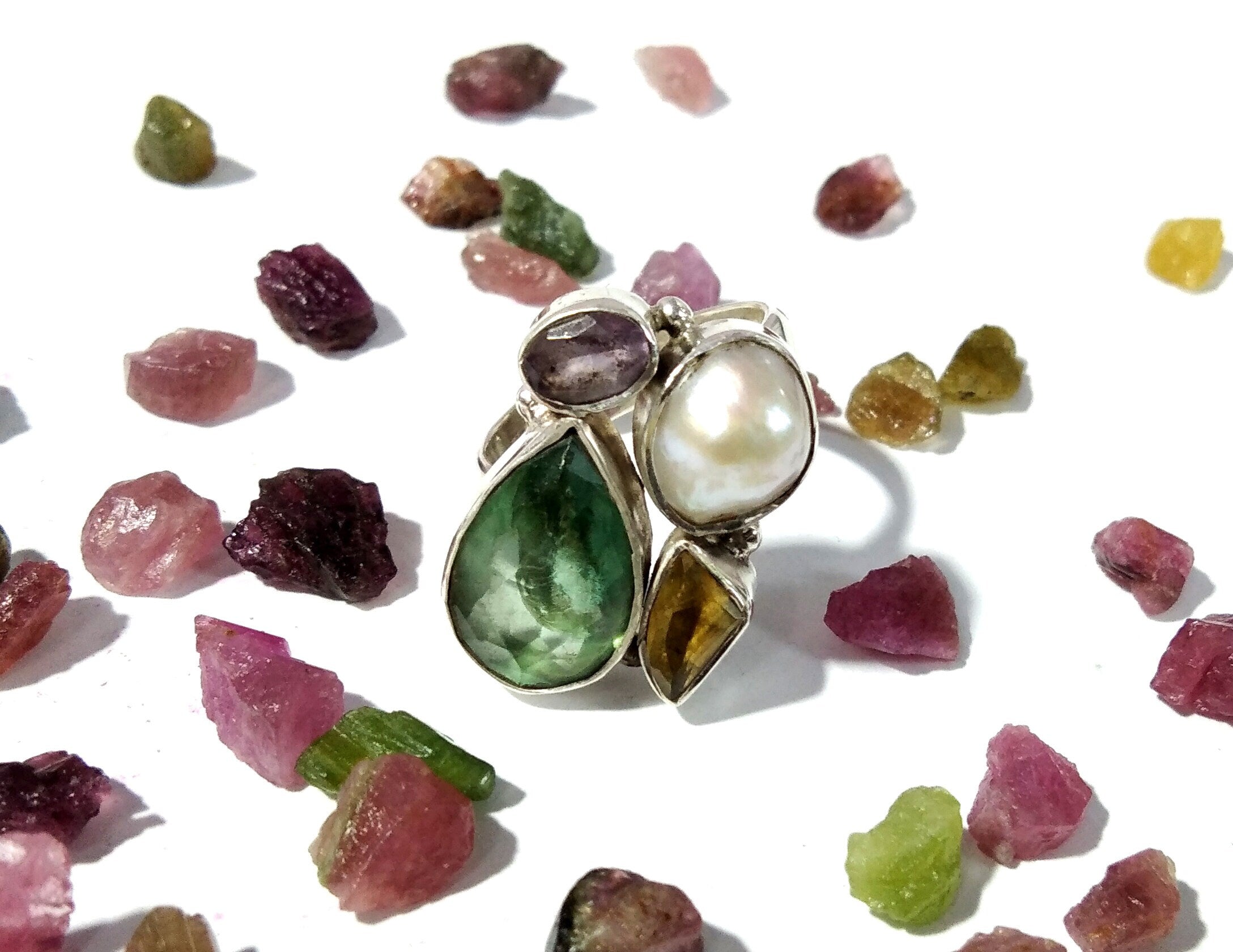 Fluorite, Citrine, Amethyst & Pearl Gemstone Ring, Very Beautiful Handmade Making Rings, ALL Natural Gemstone With 925 Starling Silver Ring