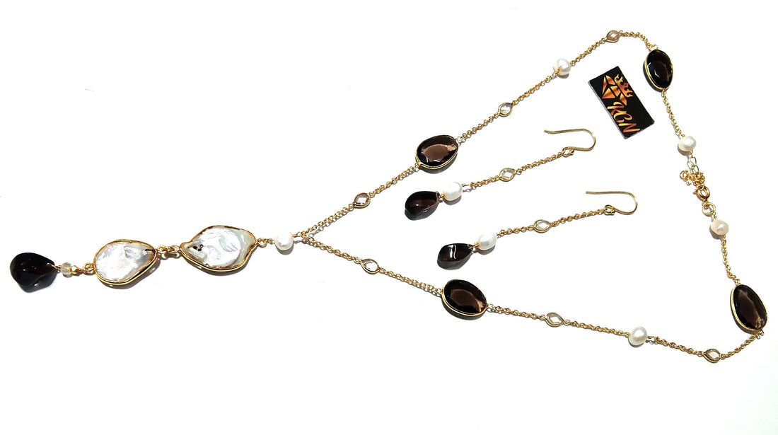 Natural Fresh Water Pearl/Smoky Quartz Stone Necklace Earring Jewelry Set, 925 Sterling Silver With Gold Plated Necklace Statement Jewelry