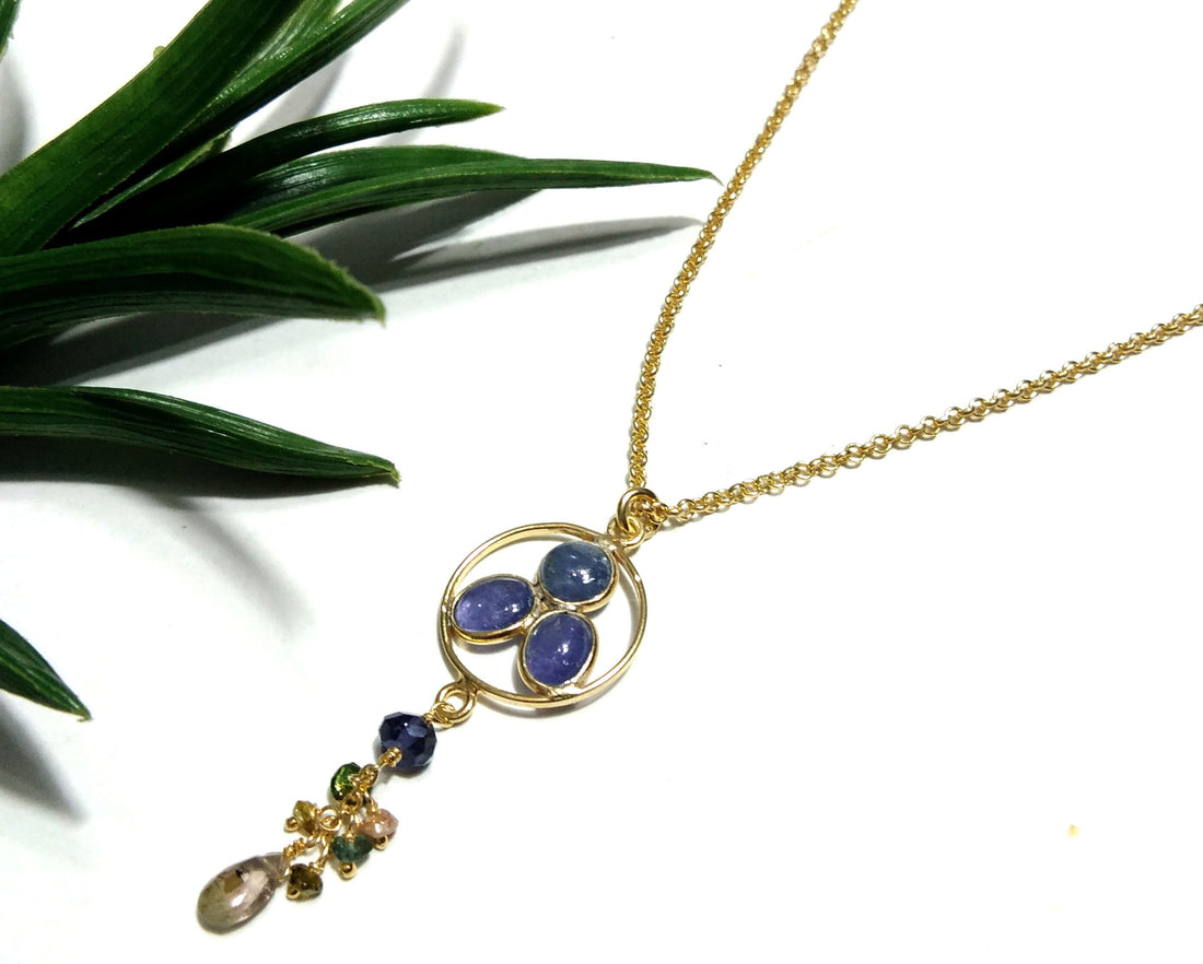Natural Tanzanite Gemstone Chain Necklace Pendant, 925 Starling Silver Gold Plated Chain Necklace 25 Inche Top Color Tanzanite Necklace Gift