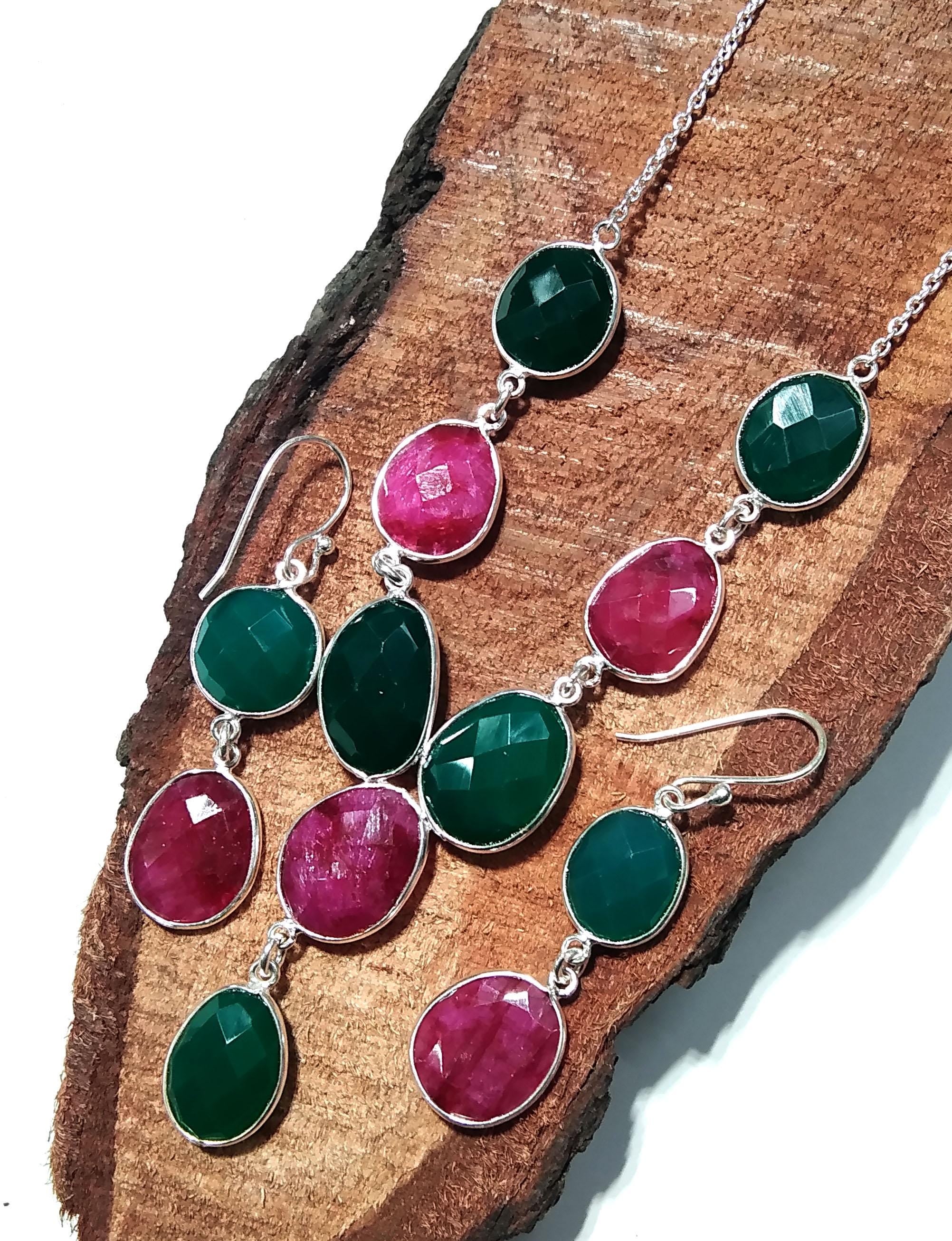 Natural Green Onyx & Red Ruby Necklace and Earring Jewelry Set, 925 Sterling Silver Necklace Earring Jewelry, Gift For Women Birthstone