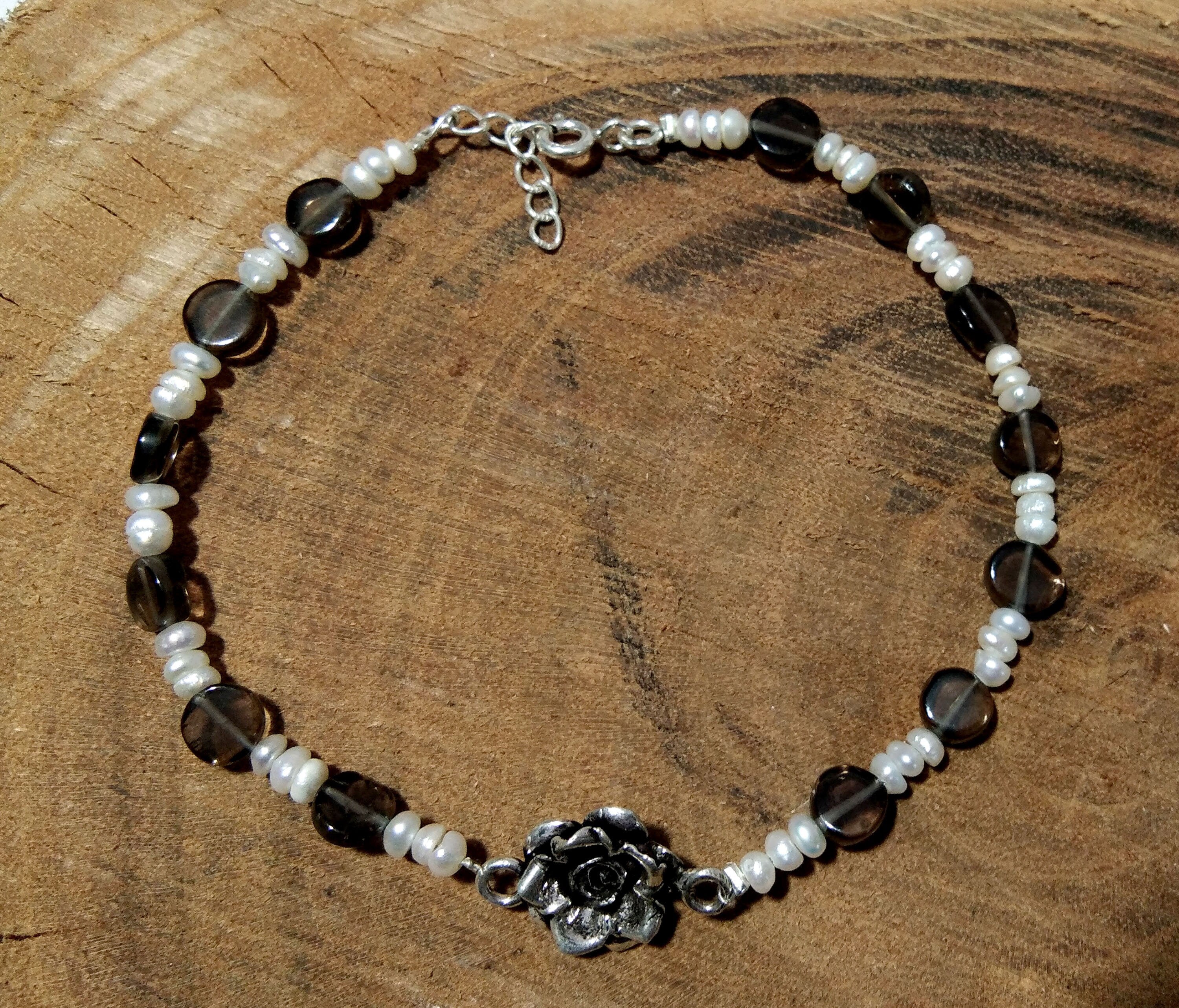 20%Off ! Freshwater Pearl & Smoky Quartz Bracelet, Pearl Jewelry, Solid 925 Sterling Silver Stone Bracelet, Bridesmaid Gift, Bridal Bracelet