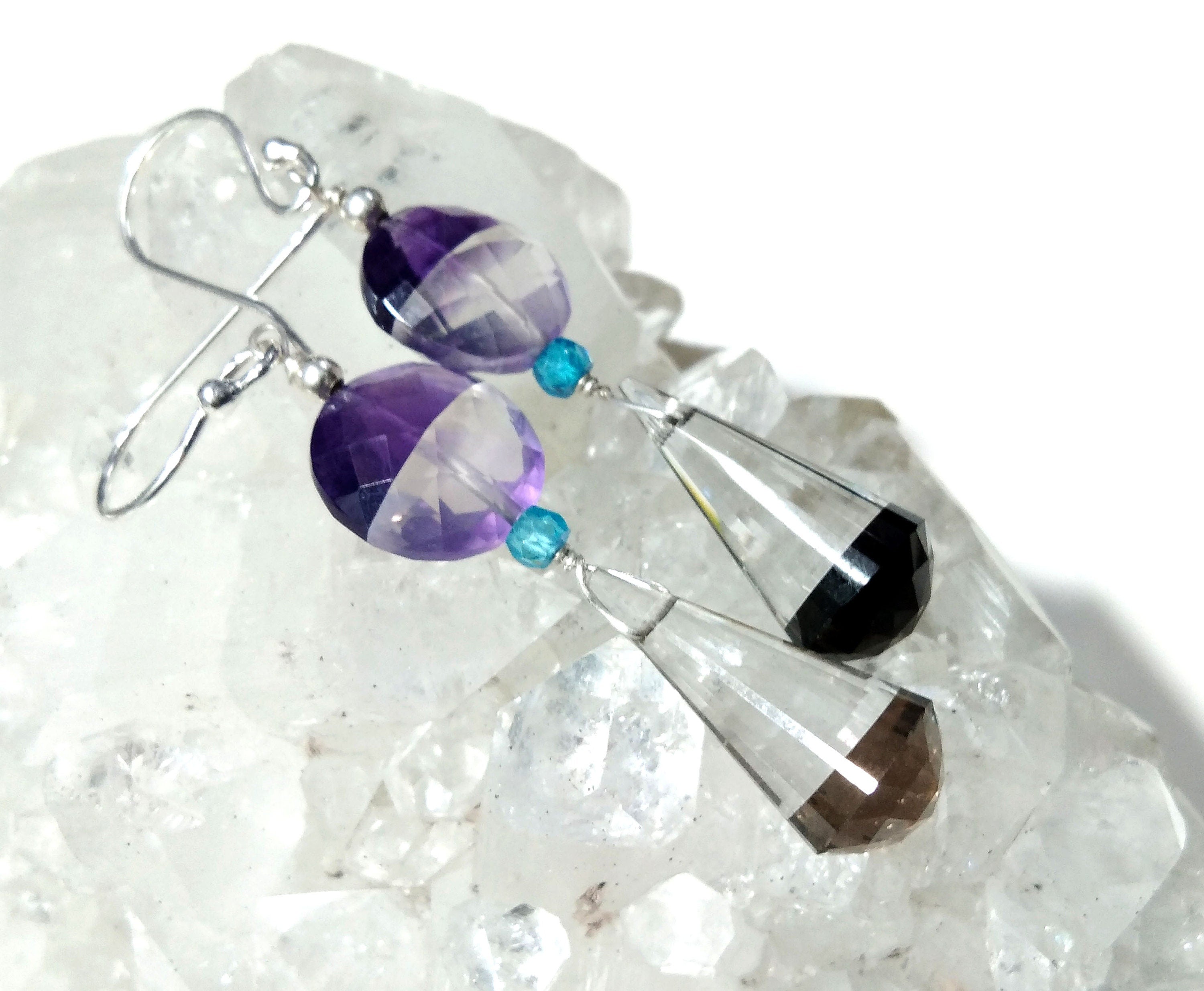 Natural Color Doublet Gemstone Amethyst, Crystal & Smoky Quartz Multi Stone Earrings, With 925 Silver Jewelry For Gifts Girls/Women