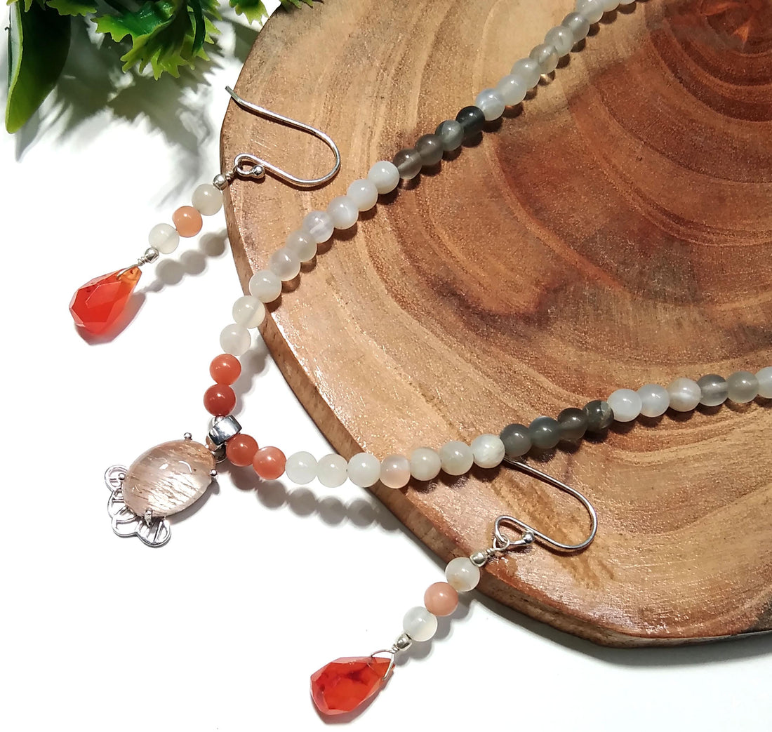 Natural Rutile Quartz/Peach Moonstone Beads Necklace Earring Jewelry Set, 925 Sterling Silver Necklace Beaded Necklace Statement Jewelry