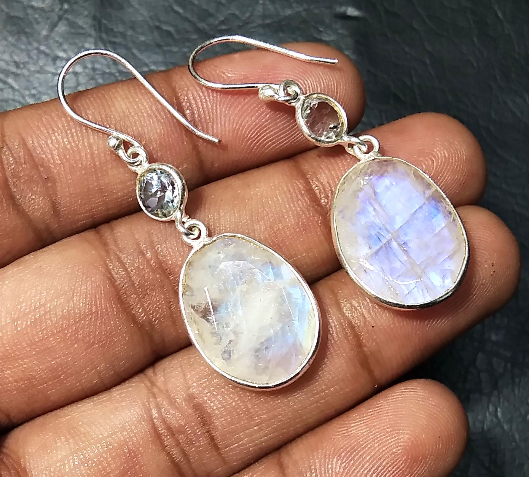 Natural Topaz And Rainbow Moonstone Faceted Earring, 925 Solid Starling Silver Earring, Handmade Moonstone Earring, For Girls/Women.