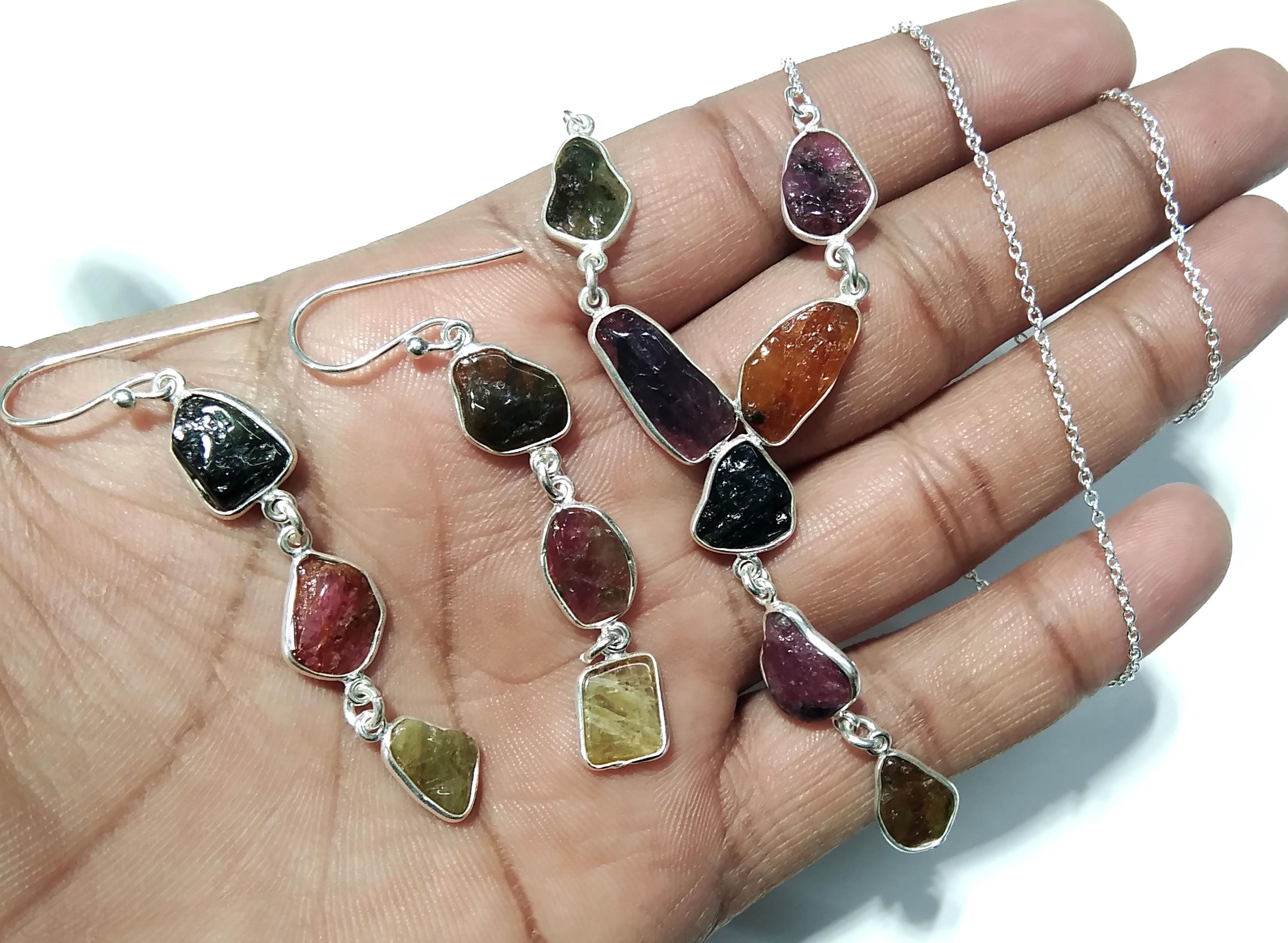 Natural Multi Tourmaline Gemstone Necklace Earring Jewelry Set, 925 Sterling Silver Necklace Earrings Jewelry, Gift For Her May Birthstone