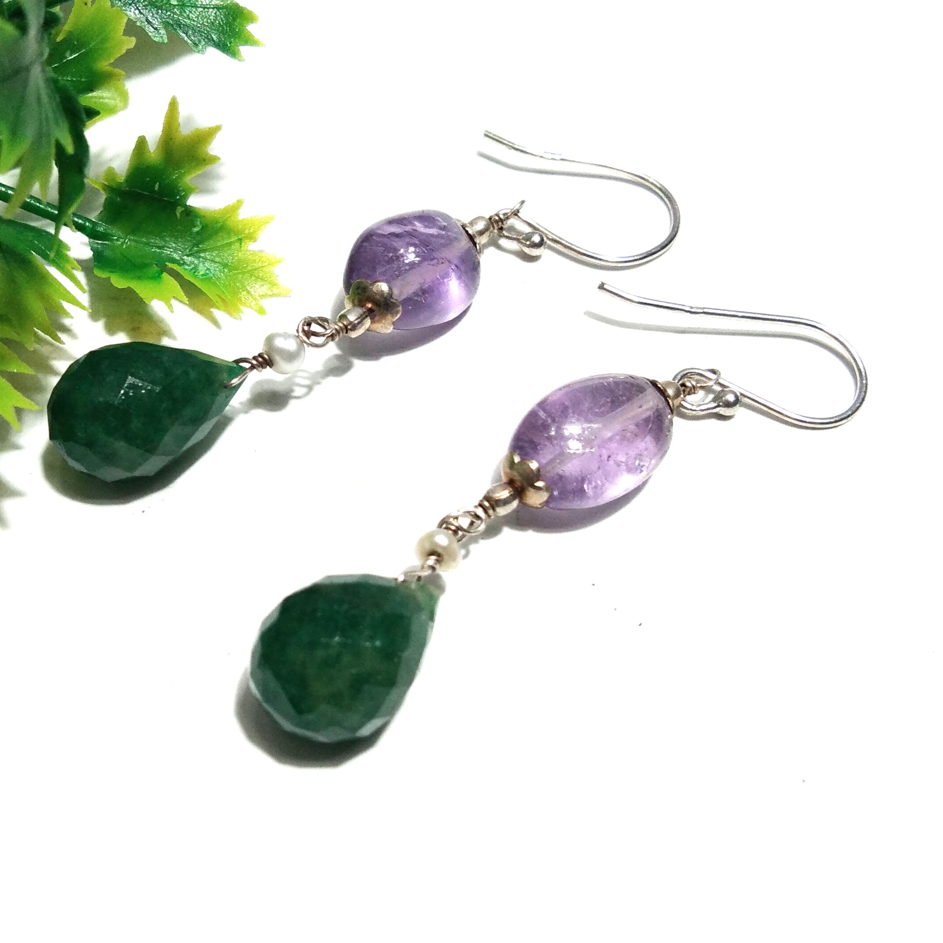 Natural Purple Amethyst/Green Jade Earring, 925 Solid Starling Silver Earring, Amethyst Stone Handmade Gift Women Christmas Earring